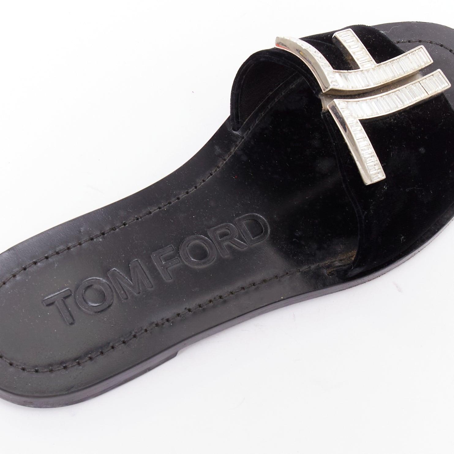 TOM FORD black velvet silver big crystal TF embellished flat sandals EU38 For Sale 3