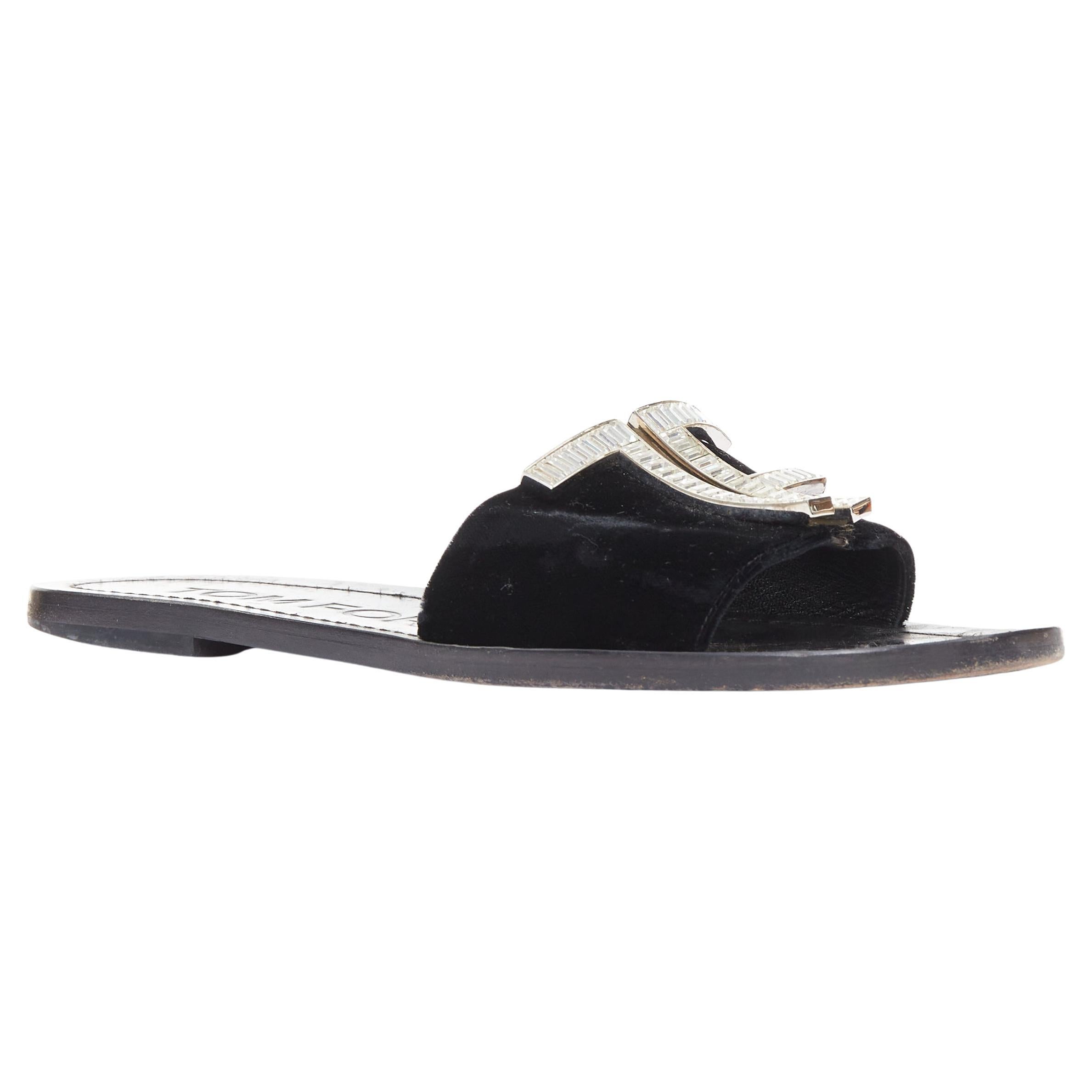 TOM FORD black velvet silver big crystal TF embellished flat sandals EU38 For Sale