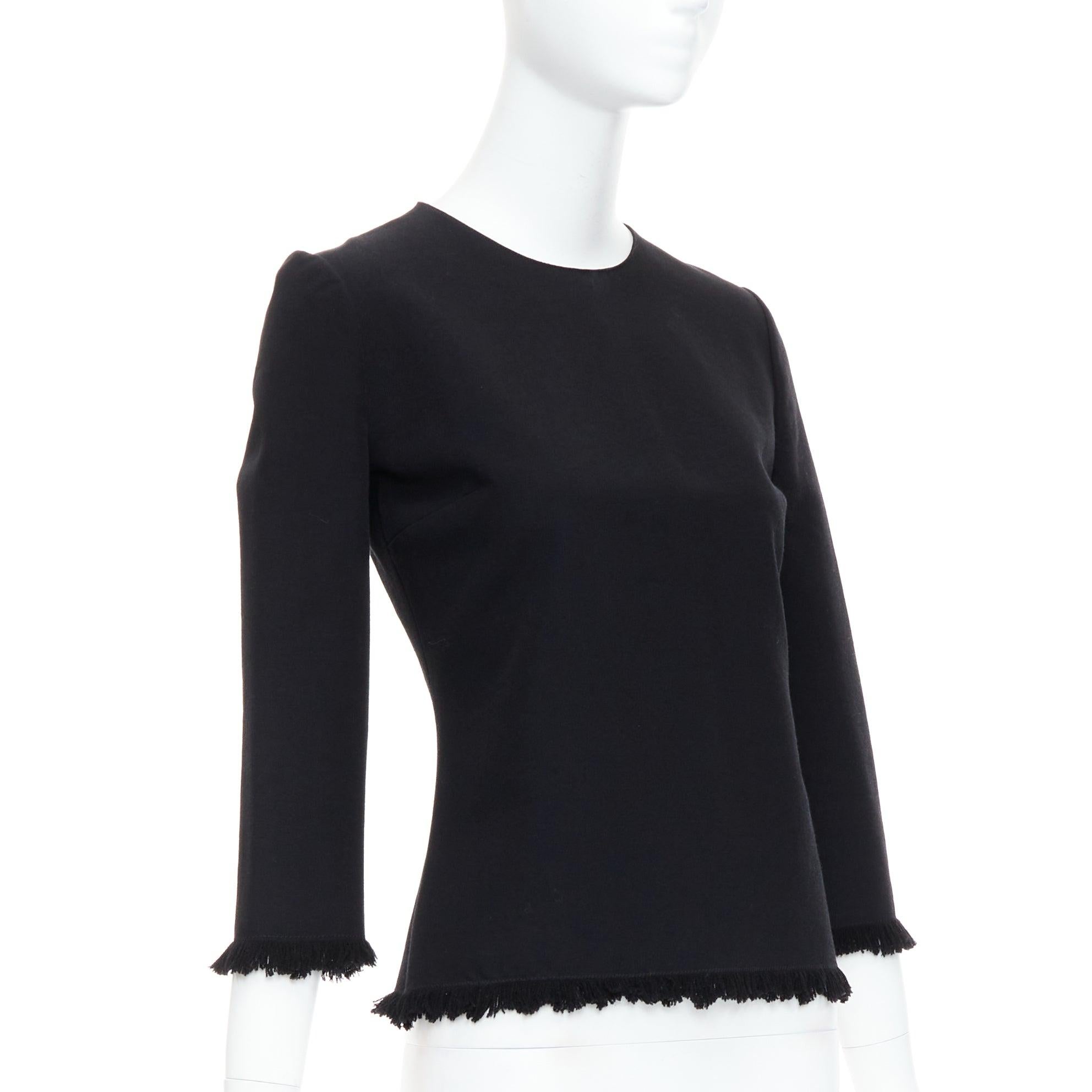 Black TOM FORD black virgin wool cotton fringe trim crop sleeved fitted top IT36 XXS For Sale