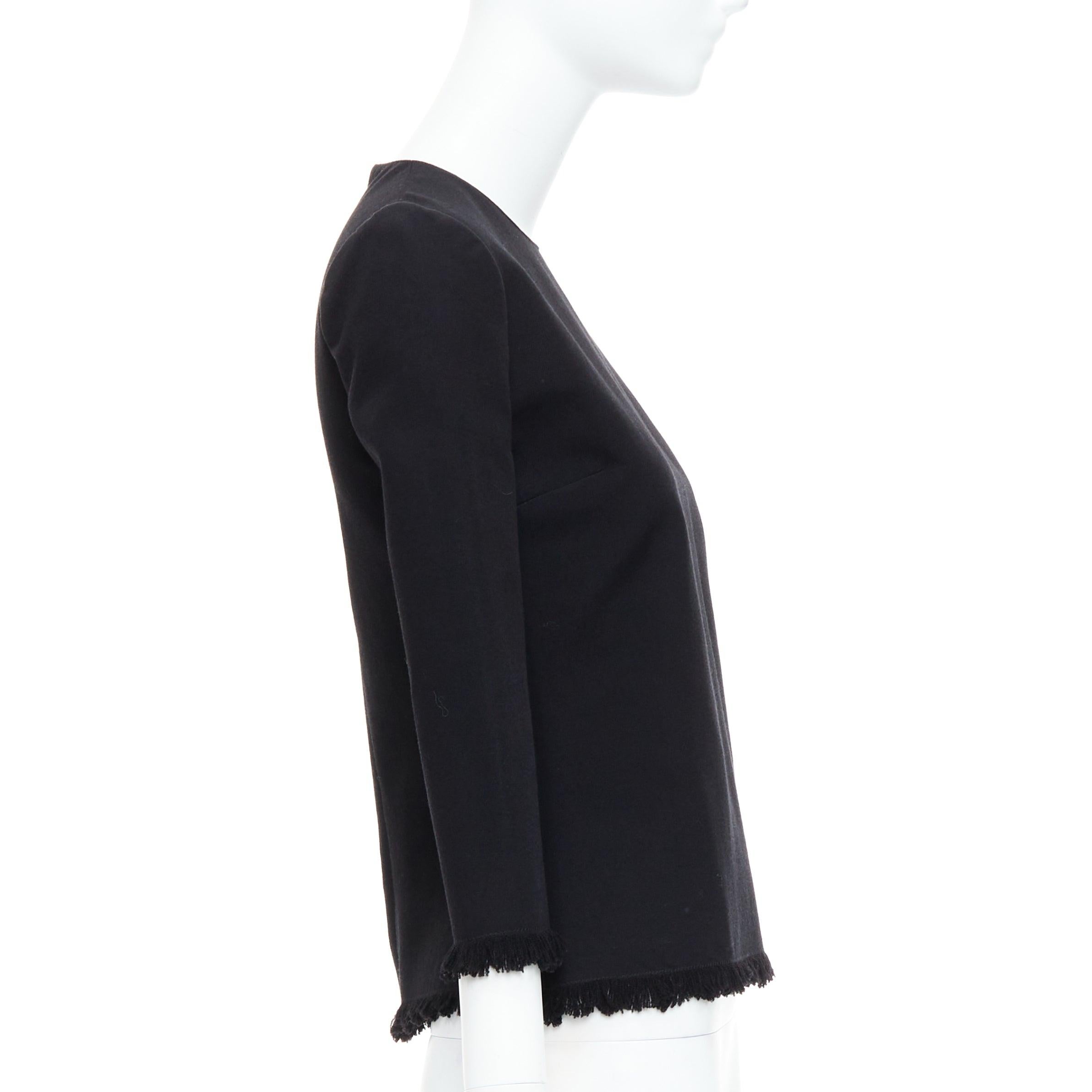 TOM FORD black virgin wool cotton fringe trim crop sleeved fitted top IT36 XXS In Excellent Condition For Sale In Hong Kong, NT