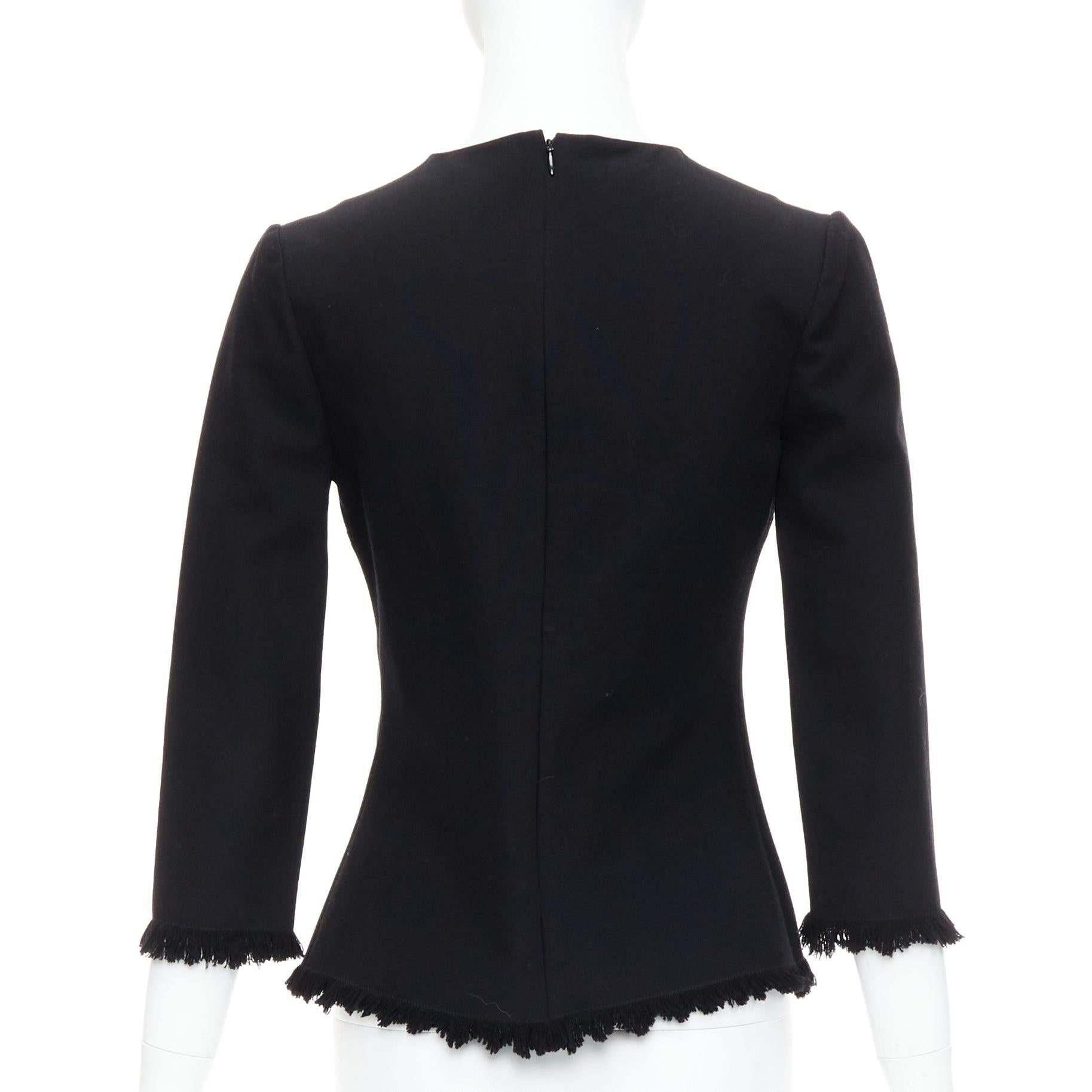 Women's TOM FORD black virgin wool cotton fringe trim crop sleeved fitted top IT36 XXS For Sale