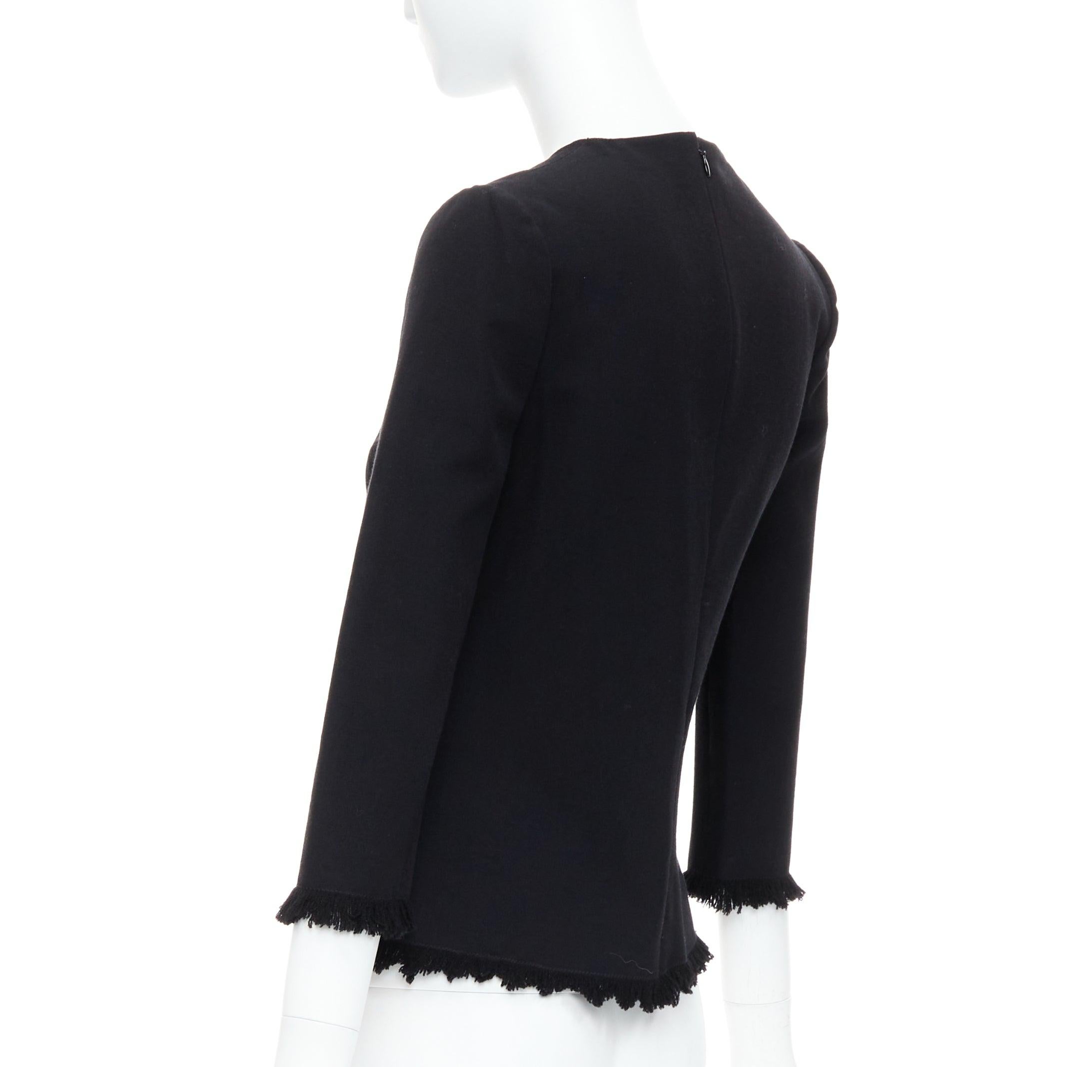 TOM FORD black virgin wool cotton fringe trim crop sleeved fitted top IT36 XXS For Sale 1