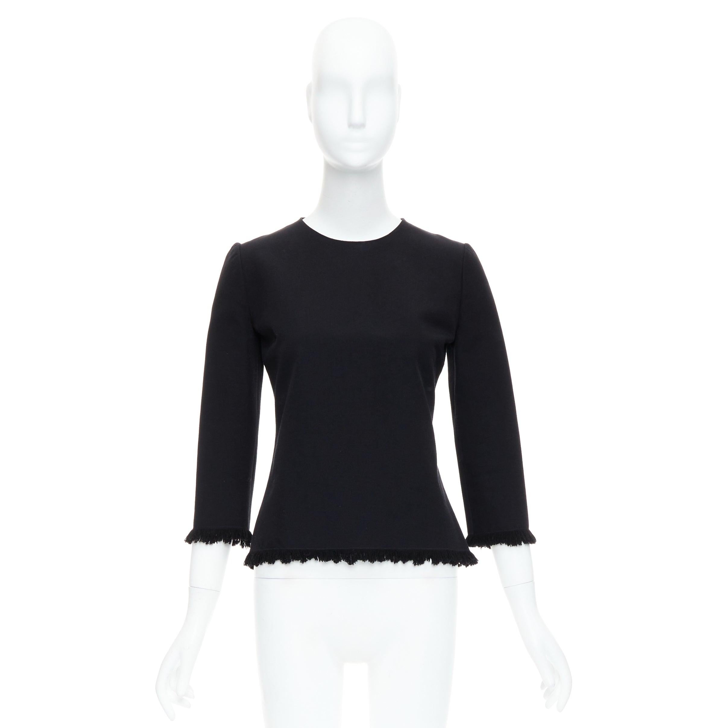 TOM FORD black virgin wool cotton fringe trim crop sleeved fitted top IT36 XXS For Sale 4