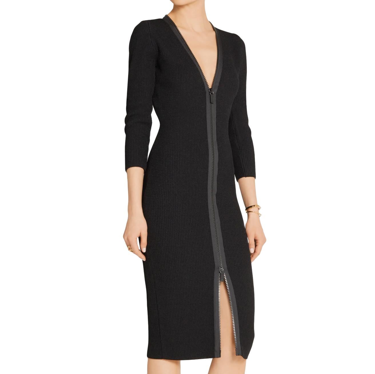 Tom Ford Schwarzes Waffelstrick-Langarmkleid mit Reißverschluss M 7
