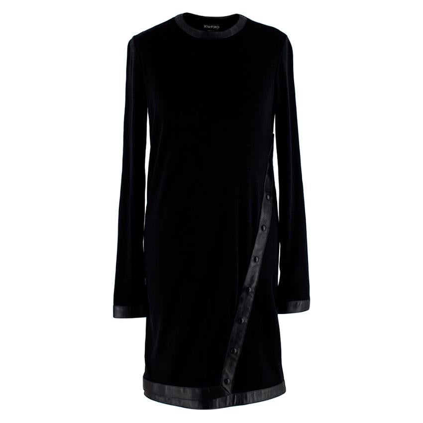 Tom Ford Black Wool Blend Jersey Leather Trimmed Mini Dress - Size US 2 For Sale
