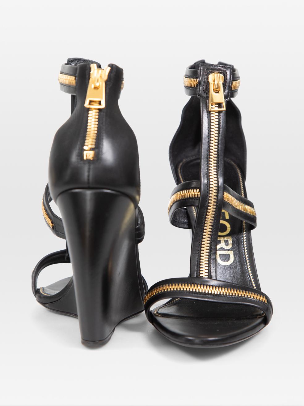 Tom Ford Black Zip Detail Wedge Heel Sandals Size IT 40 In New Condition For Sale In London, GB