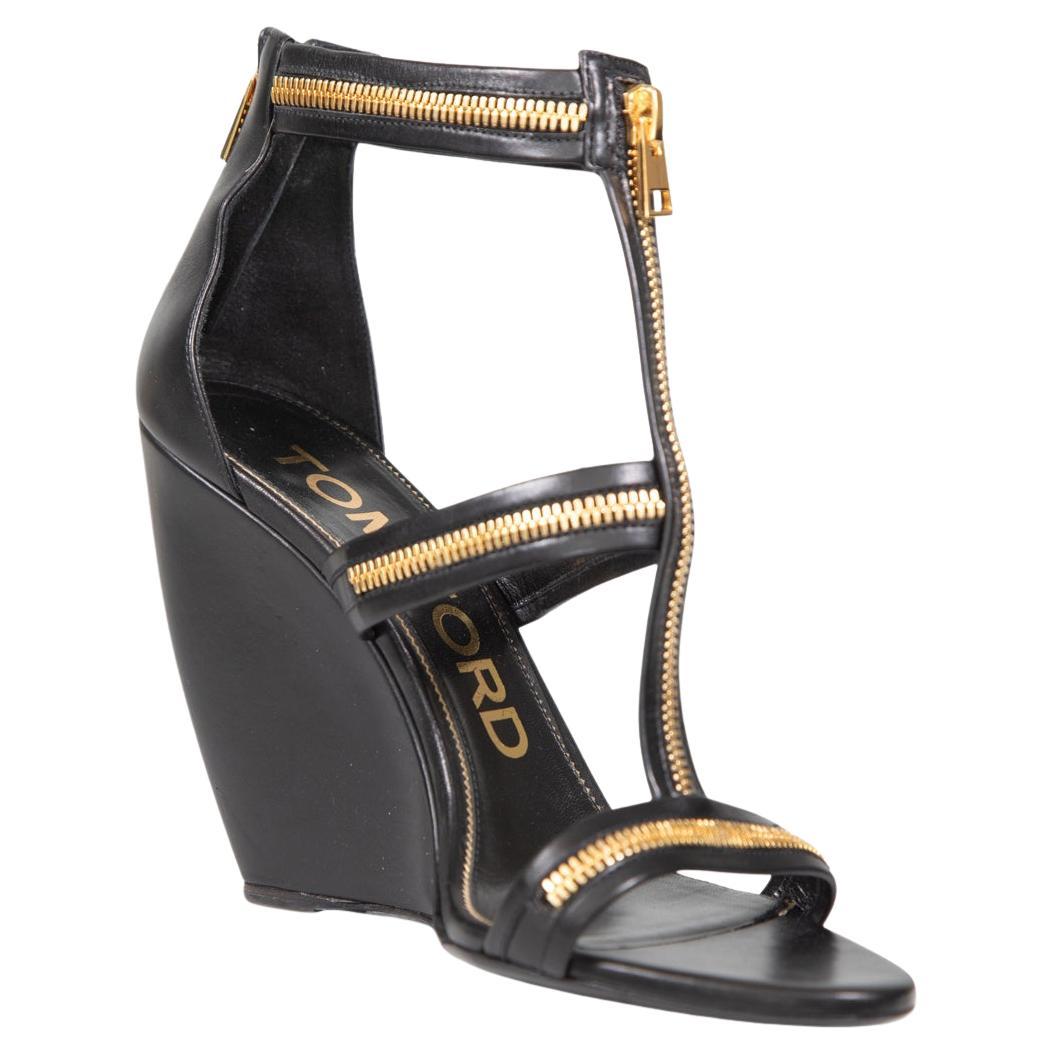 Tom Ford Black Zip Detail Wedge Heel Sandals Size IT 40 For Sale