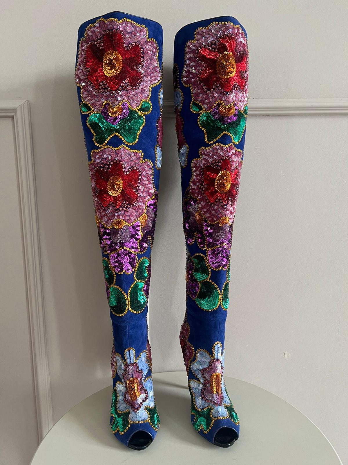 Noir Tom Ford - Cuissardes en daim bleu à fleurs pailletées en vente