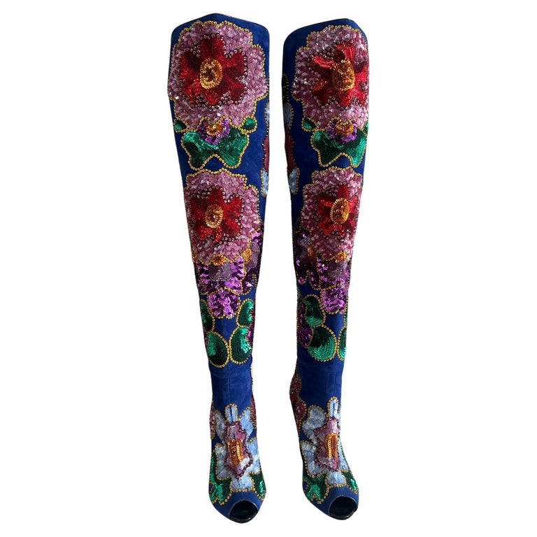 Tom Ford Sequin Flower Thigh High Blue Suede Boots For Sale at 1stDibs