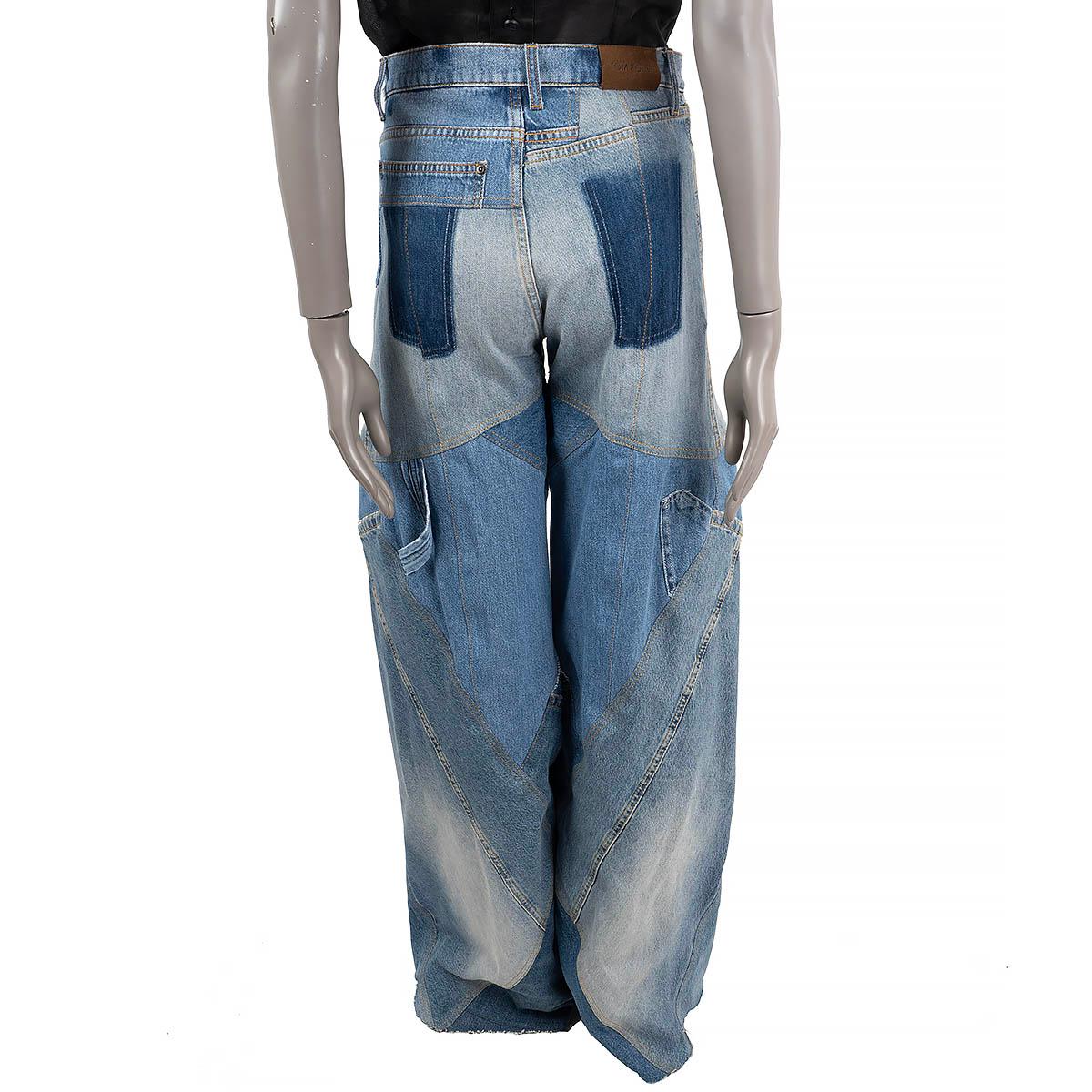Gray TOM FORD blue denim 2020 LEATHER TRIM PATCHWORK WIDE LEG Jeans Pants 24 XS For Sale