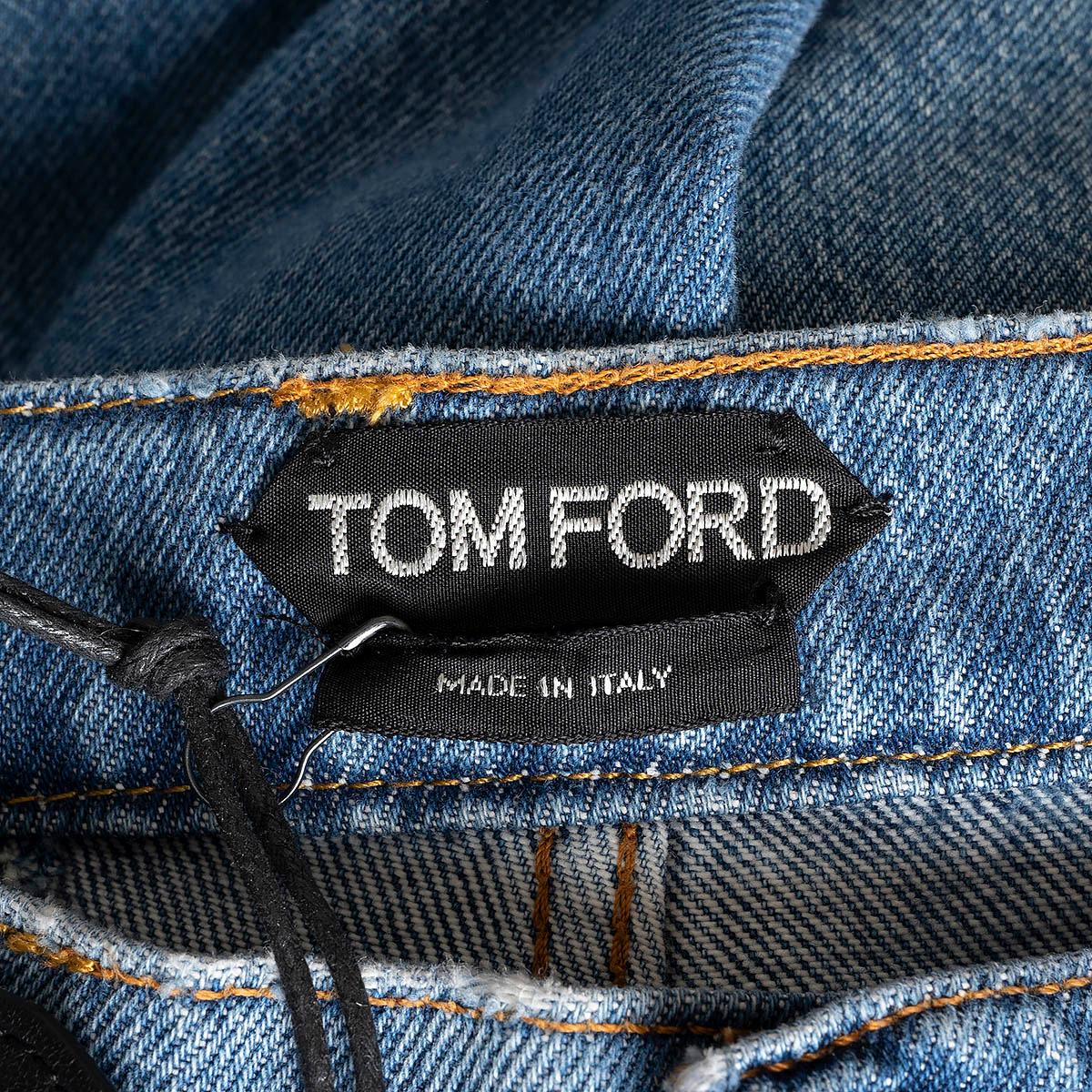 TOM FORD blue denim 2020 LEATHER TRIM PATCHWORK WIDE LEG Jeans Pants 24 XS For Sale 3