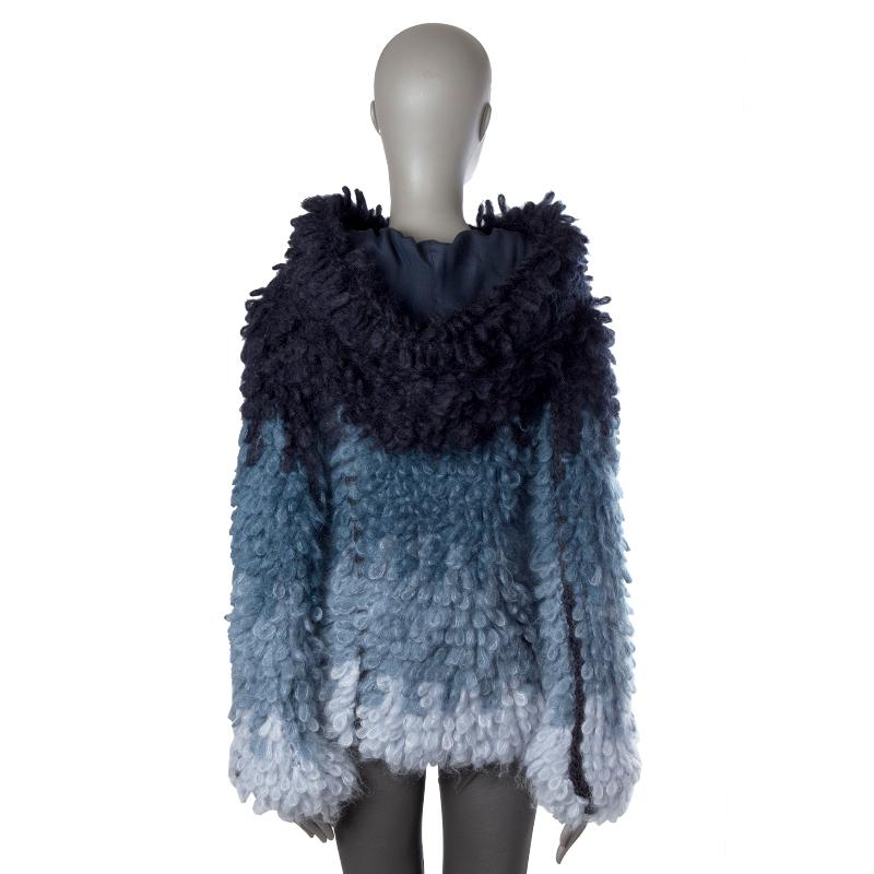 Tom Ford hooded jacket in gradient pale light blue, dusty blue, petrol and midnight blue chunky boucle mohair (70%) and silk (30%). Fall 2015 runway. Opens with toggles. Lined in midnight blue silk (100%). Has been worn and is in excellent
