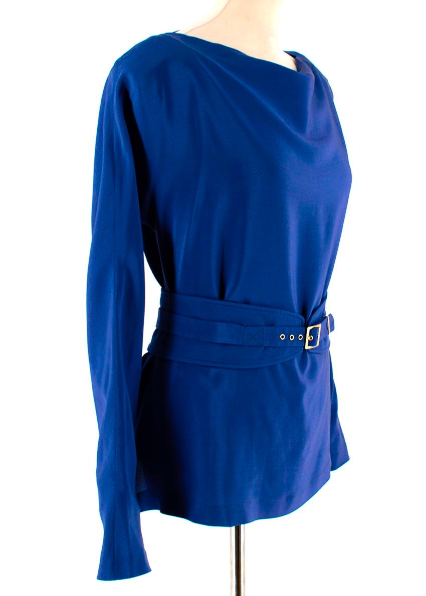 Tom Ford Blue Silk Belted Long Sleeve Top 

-Luxurious lightweight soft silk fabric 
-Adjustable double strap waist belt with a golden buckle 
-Kimono style sleeve 
-Padded Shoulders 
-Beautiful Royal blue hue 
-Slightly draped neckline