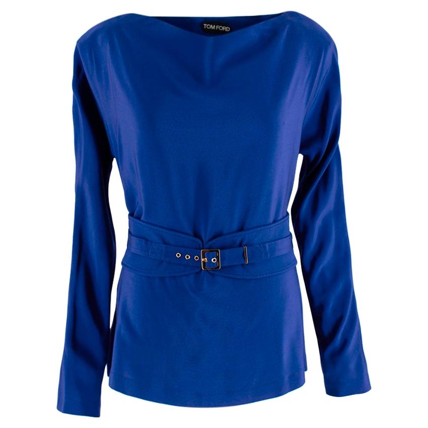 Tom Ford Blue Silk Belted Long Sleeve Top US6