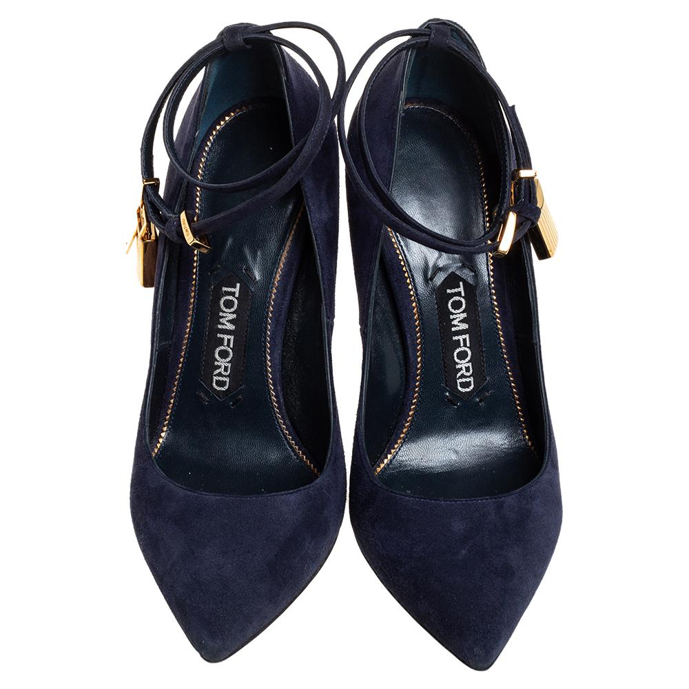 Black Tom Ford Blue Suede Ankle Lock Pointed Toe Pumps Size 36.5