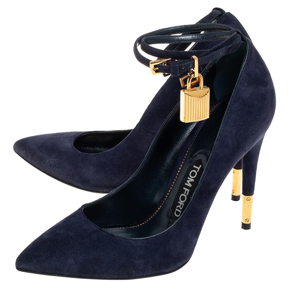 Tom Ford Blue Suede Ankle Lock Pointed Toe Pumps Size 36.5 2