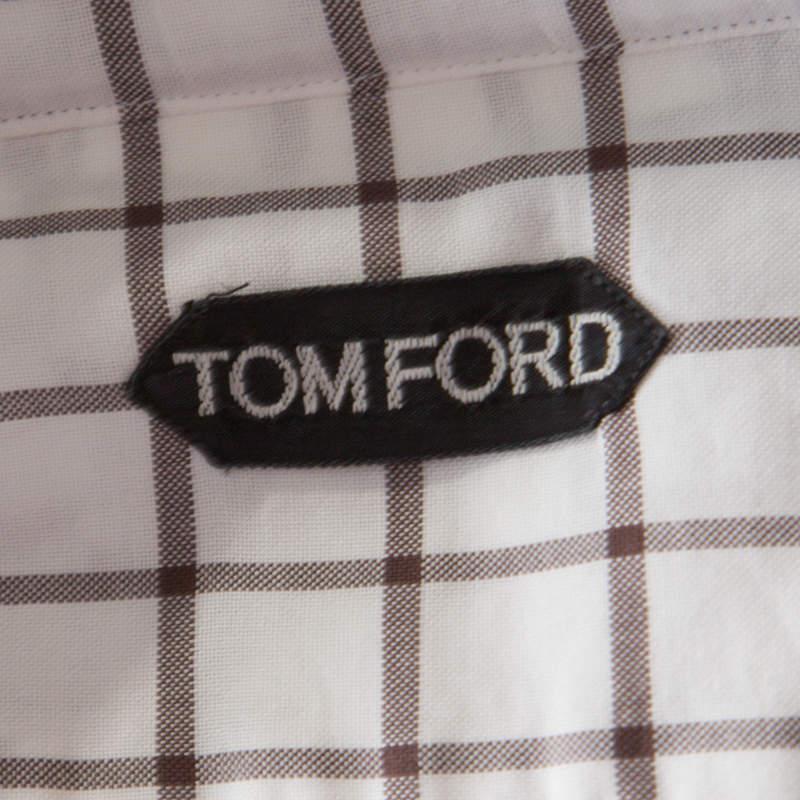 Women's or Men's Tom Ford Brown and White Checked Cotton Long Sleeve Button Front Shirt XL For Sale
