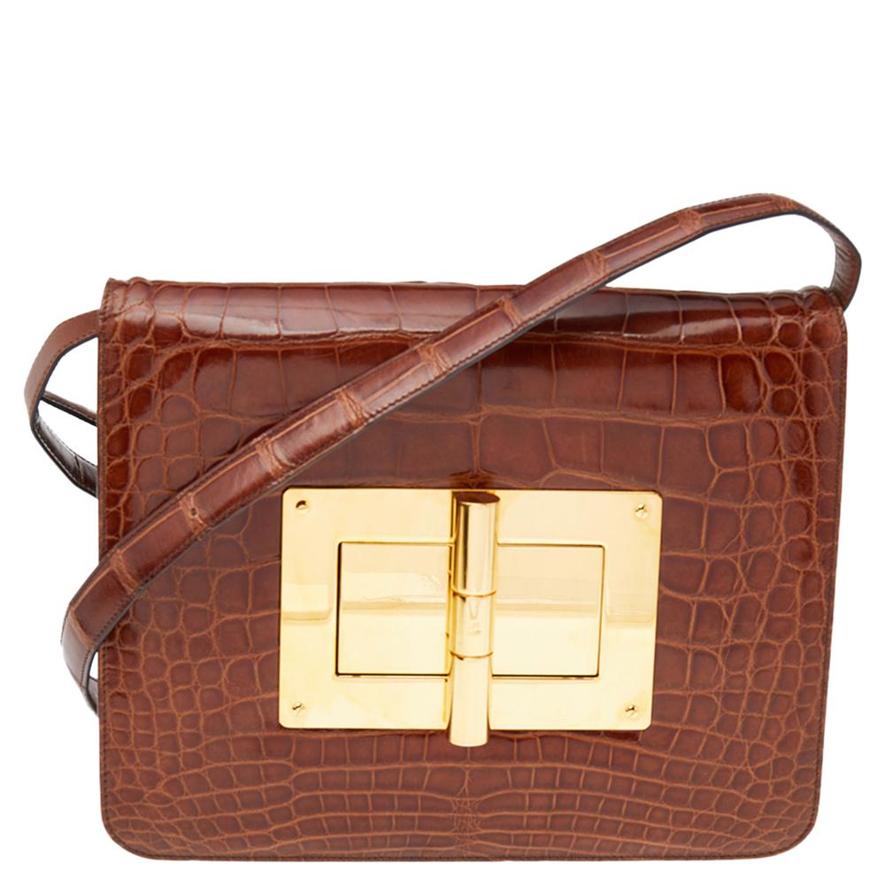 Tom Ford Brown Croc Embossed Leather Large Natalia Shoulder Bag In Good Condition In Dubai, Al Qouz 2