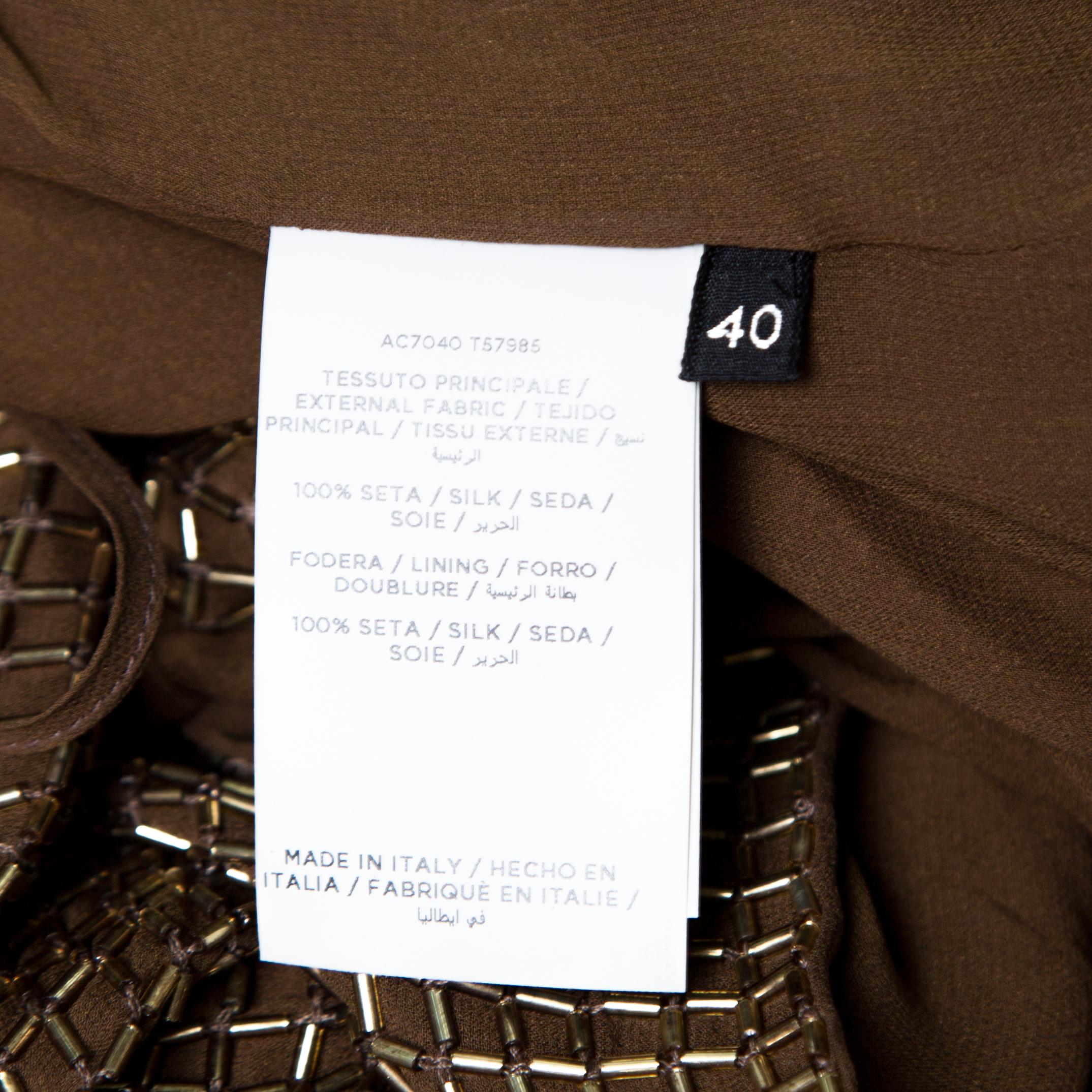 Tom Ford Brown Embellished Silk Draped Open Back Long Sleeve Dress S 1