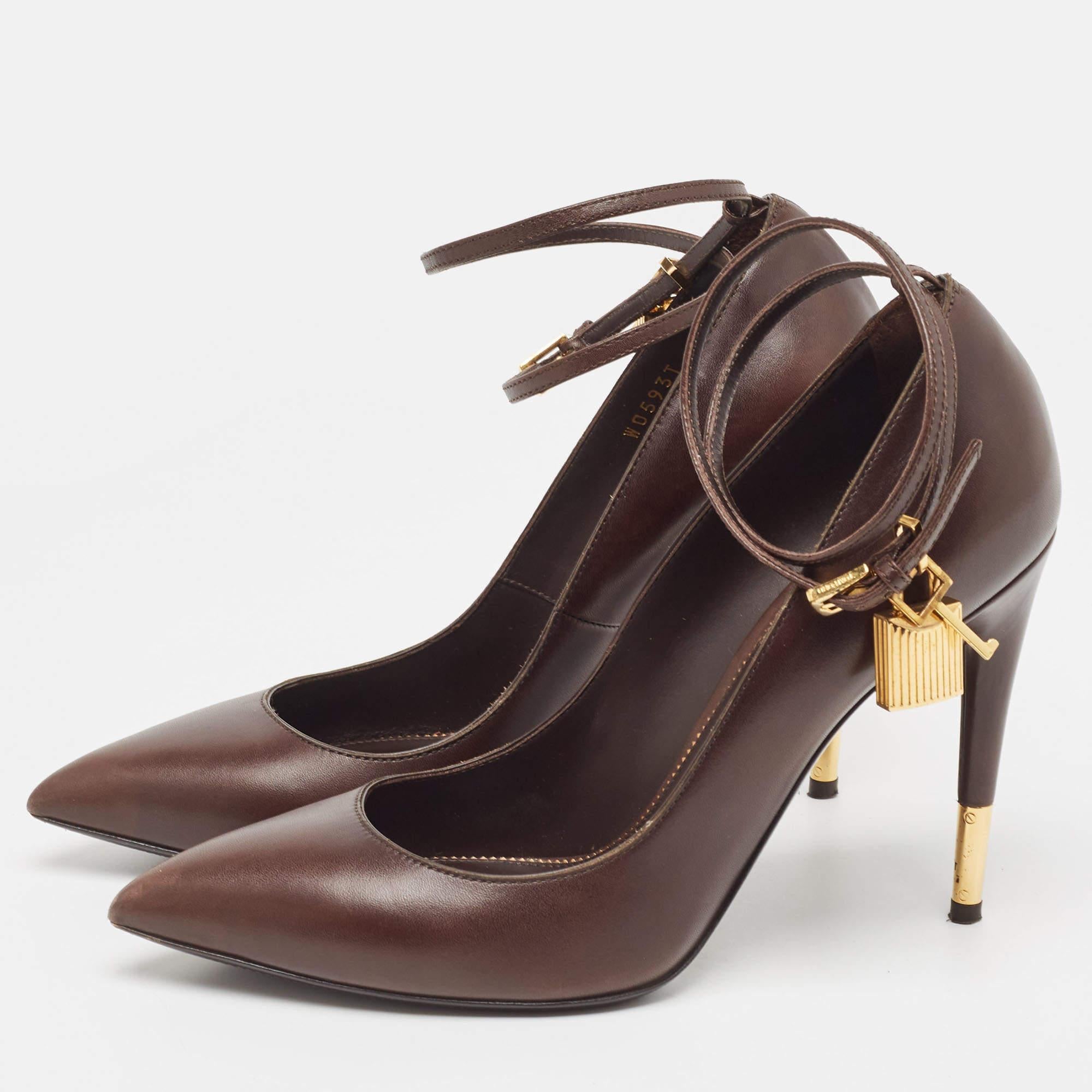 Tom Ford Brown Leather Padlock Ankle Wrap Pumps Size 39 For Sale 5