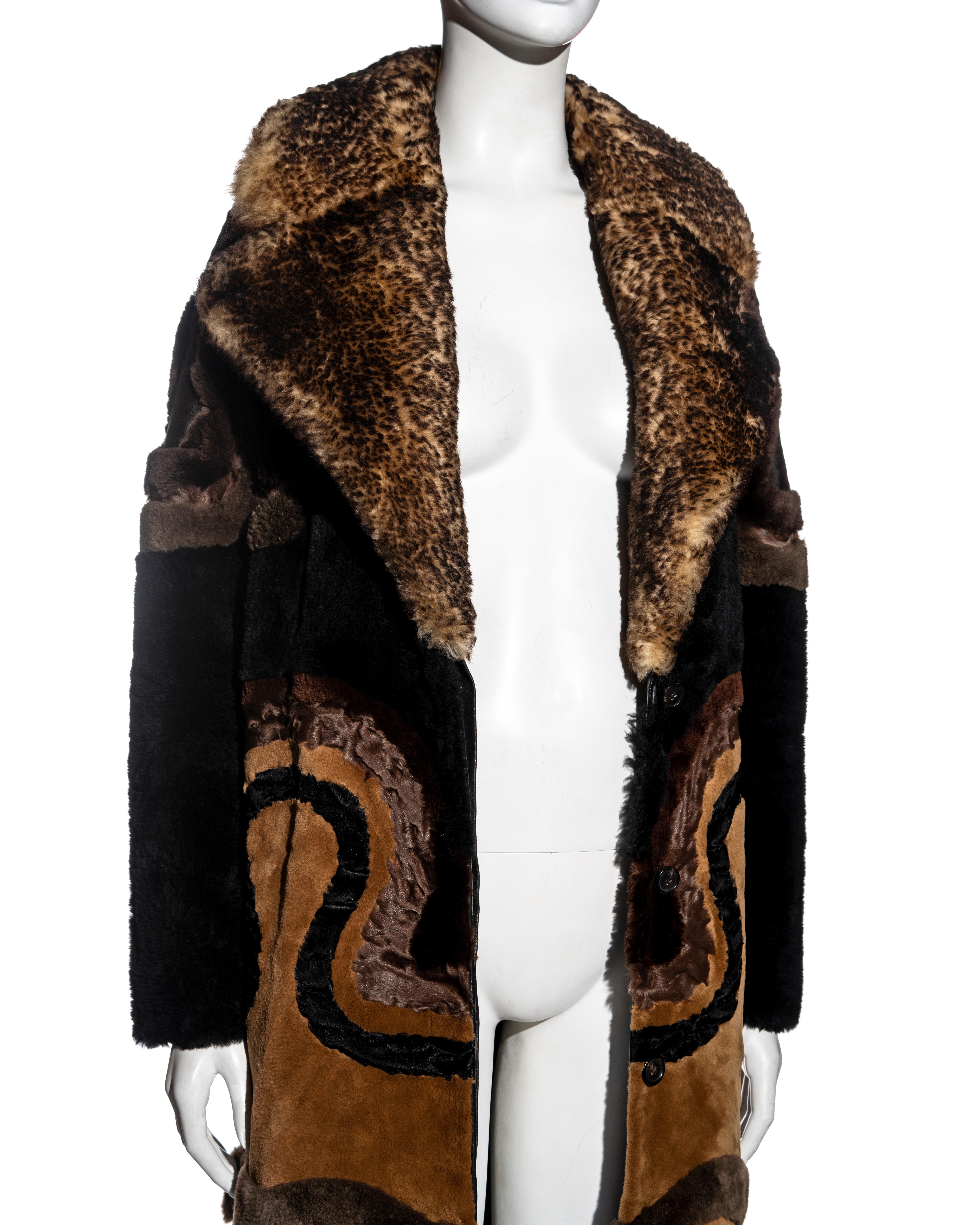 Black Tom Ford brown multi-fur long coat with curved pattern, fw 2015 For Sale