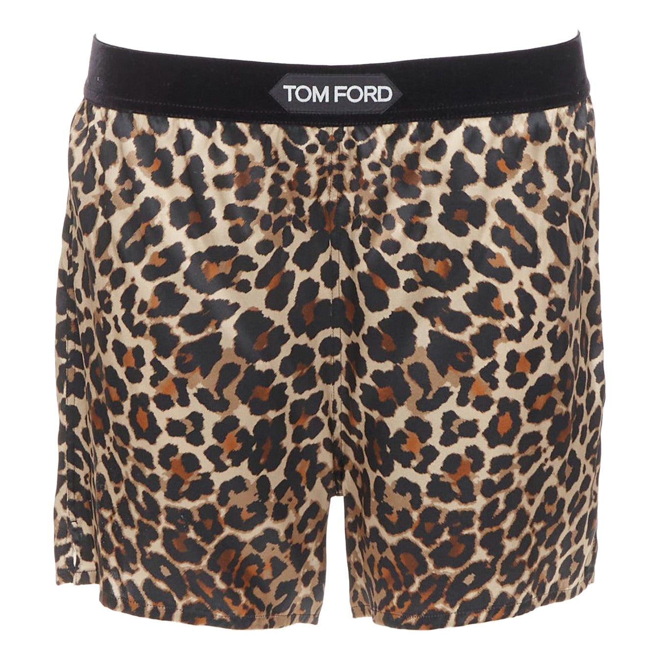 TOM FORD brown silk satin leopard print TF logo velvet trim shorts XS