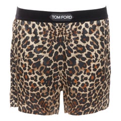 Tom Ford pantaloncini in raso di seta marrone con stampa leopardo e logo TF in velluto XS