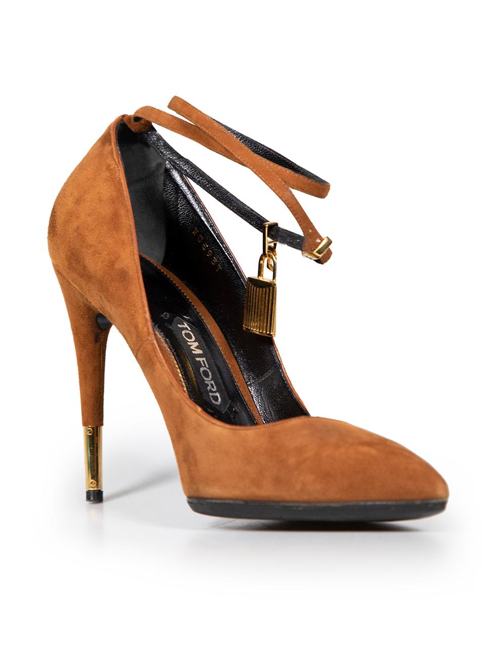 CONDITION is Very good. Minimal wear to shoes is evident. Minimal wear to the metal heels and tips with scratches. The ankle straps also have slight fraying and the right-side of both shoes have a small abrasions on this used Tom Ford designer