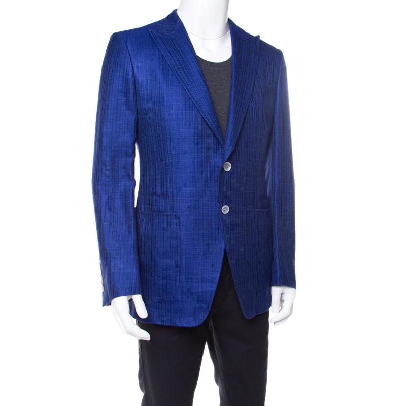 Tom Ford Kobaltblau Strukturiertes Leinen Seide Maßgeschneiderter Blazer L (Blau)