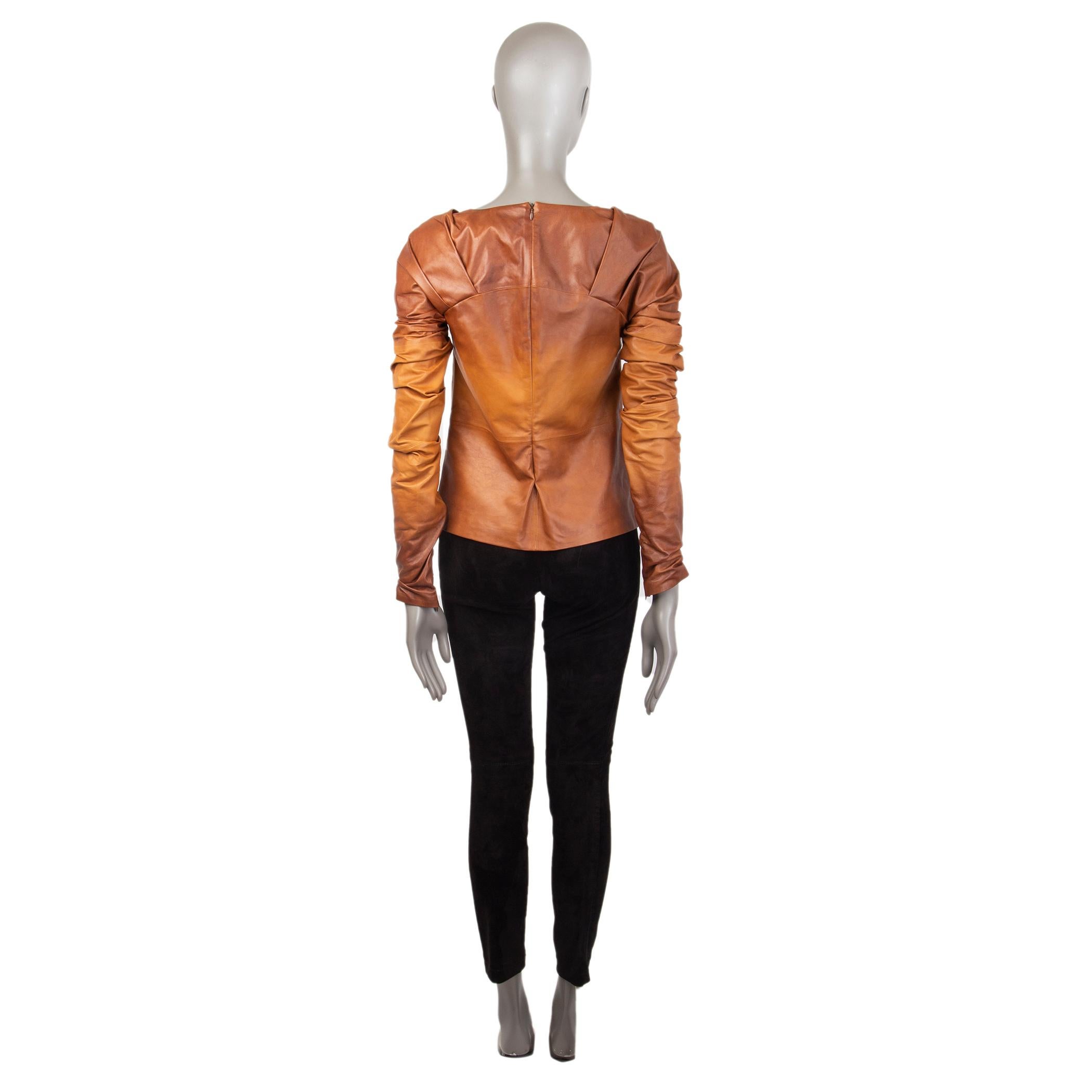 Brown TOM FORD cognac brown OMBRE DRAPED SLEEVE LEATHER Blouse Shirt 38 XS For Sale