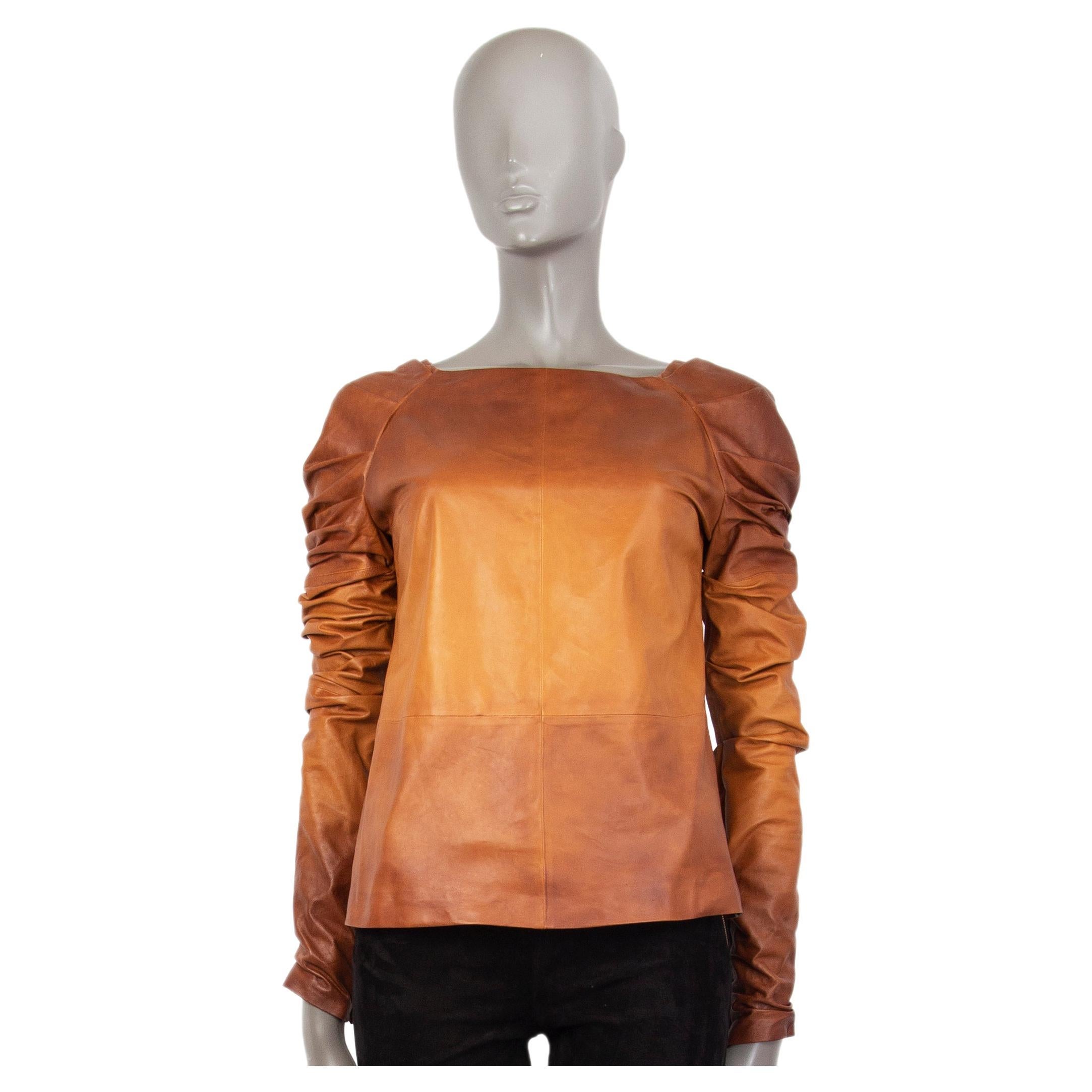 TOM FORD cognac brown OMBRE DRAPED SLEEVE LEATHER Blouse Shirt 38 XS For Sale