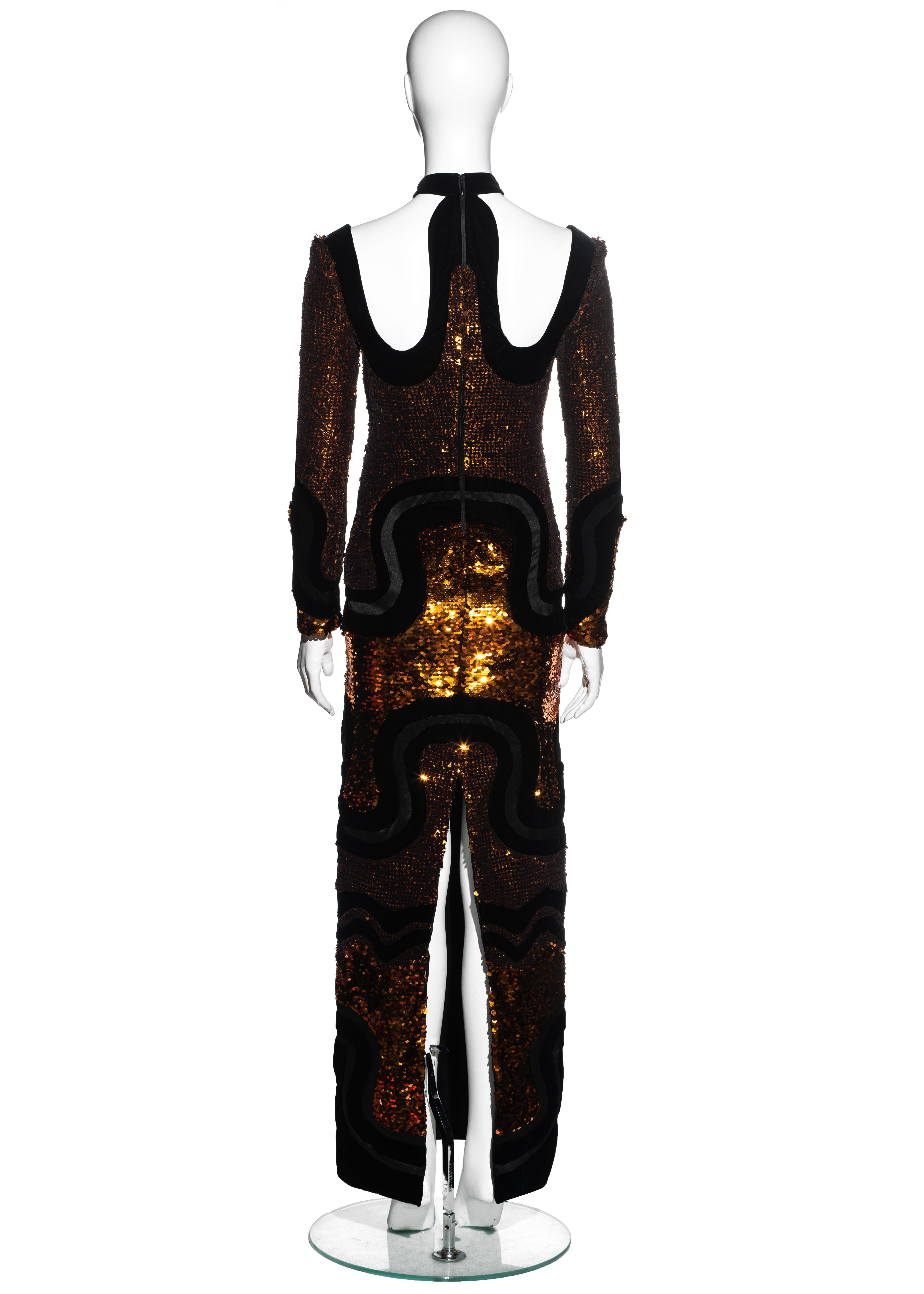 Black Tom Ford copper sequin and velvet multi panelled evening maxi dress, fw 2015 For Sale