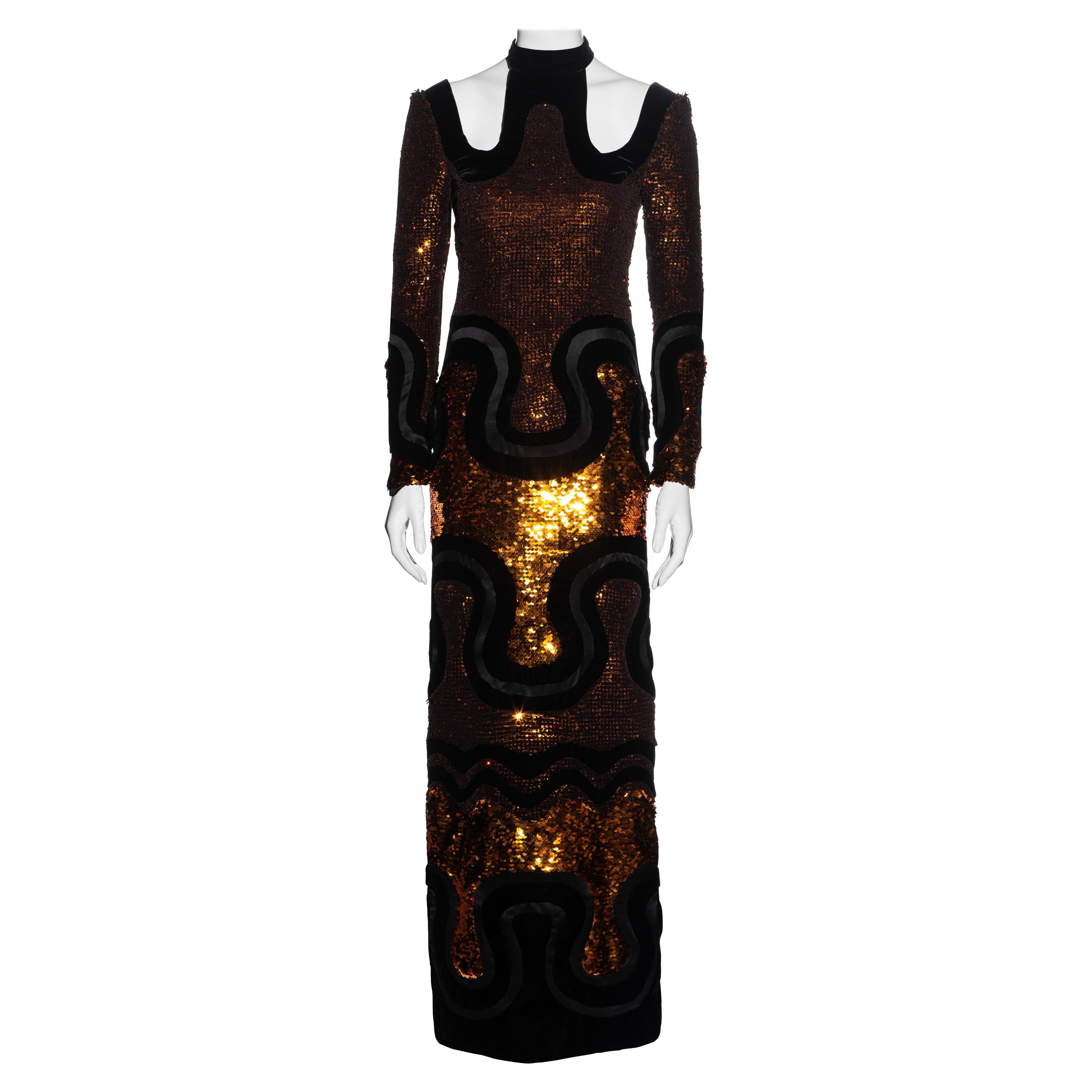 Tom Ford copper sequin and velvet multi panelled evening maxi dress, fw 2015