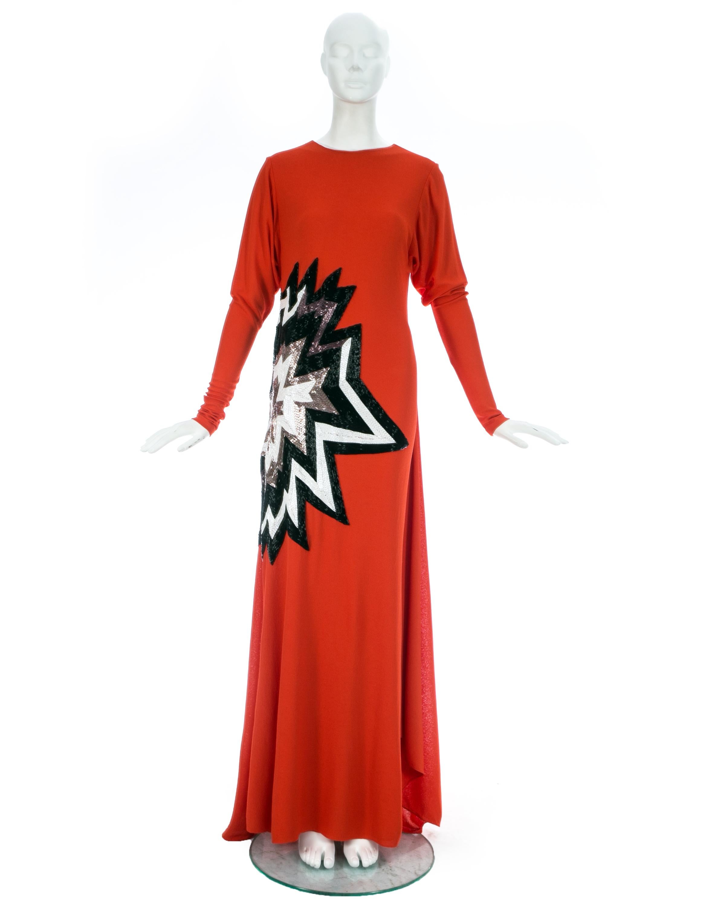Tom Ford coral viscose crepe beaded evening dress with train, fw 2013 In Good Condition For Sale In London, London