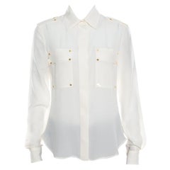 Tom Ford Cream Embellished Silk Epaulette Detail Long Sleeve Blouse S