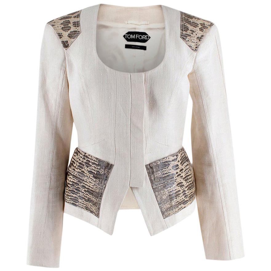 Tom Ford Cream Linen Jacket with Lizard Embossed Patches - Size US 4 For Sale