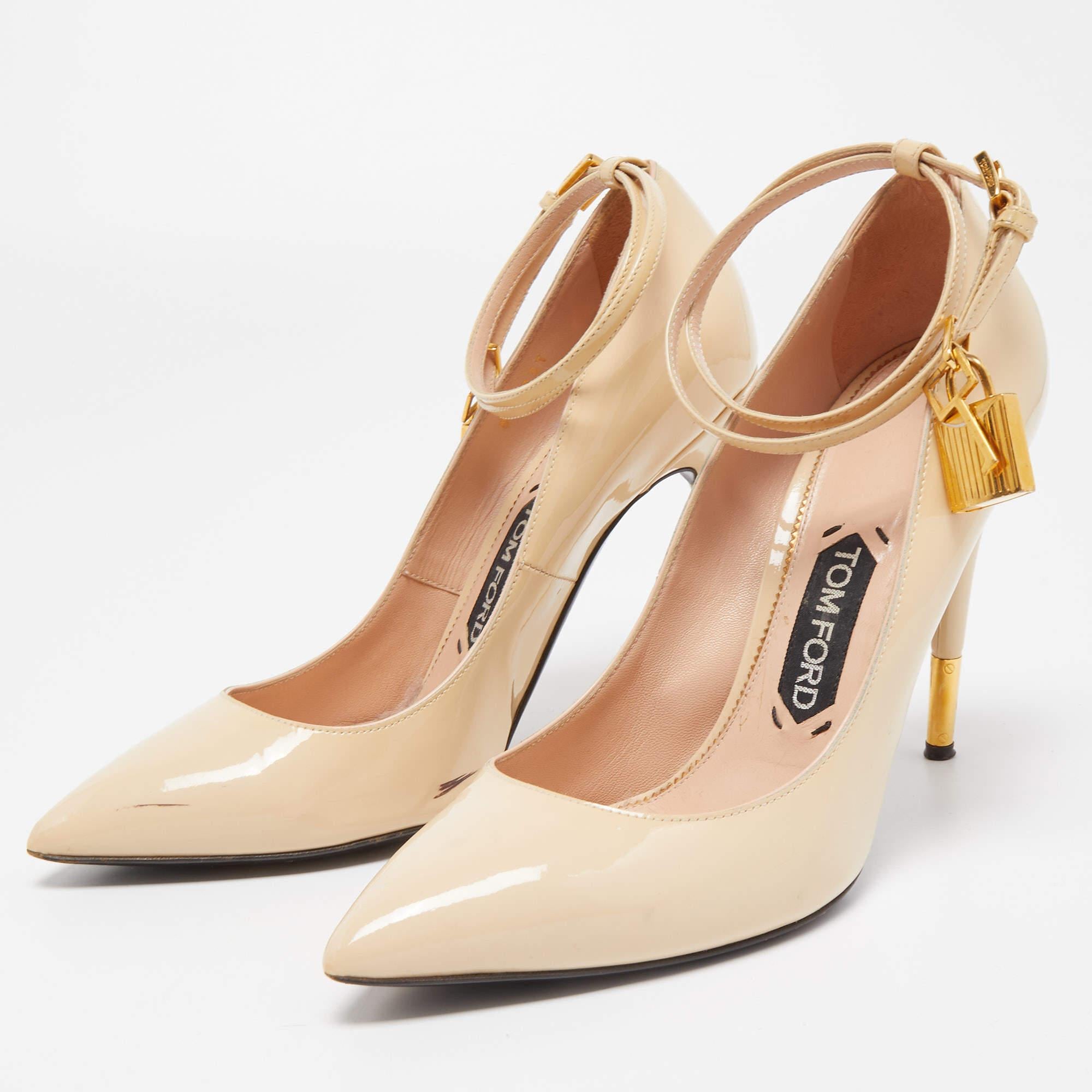 Women's Tom Ford Cream Patent Leather Padlock Ankle Strap Pumps Size 38.5