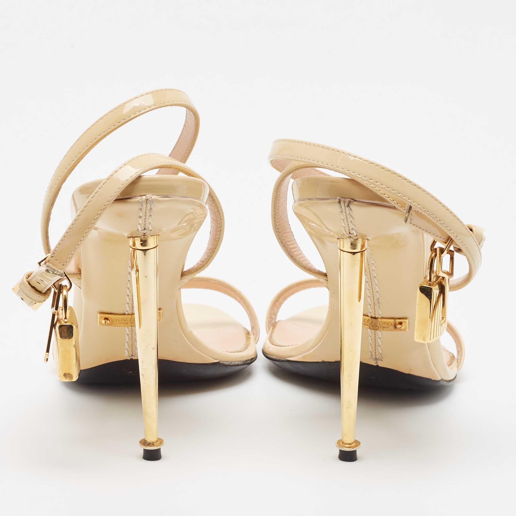 Women's Tom Ford Cream Patent Leather Padlock Ankle Strap Sandals Size 39
