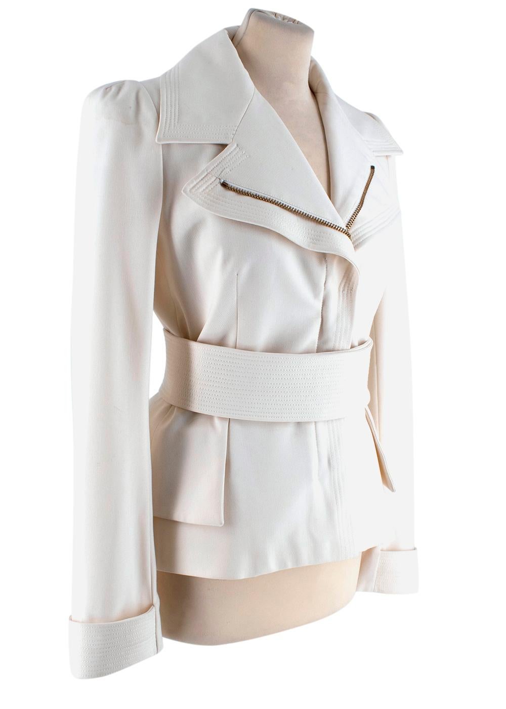 Tom Ford Cream Belted Jacket

- Gold zip and press stud fastening
- Thick band at sleeves 
- Thick cross over tie at waist with gold hook fastening
- Adjustable buckle at back of neck 
- Shoulder pads

Materials:
Outer
52% Polyester
43% Wool
5%