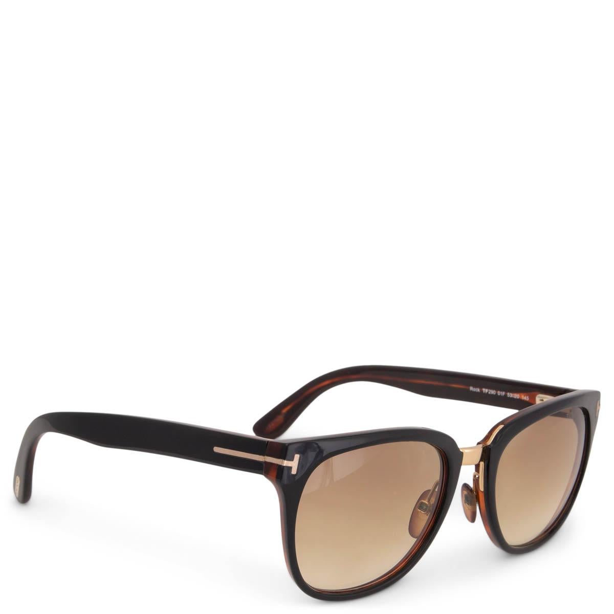 100% authentic Tom Ford Rock sunglasses in espresso brown and cognac brown acetate with gold-tone metal details and light brown gradient lenses. Have been worn and have some faint scratches on the lenses. Overall in very good condition. Comes with