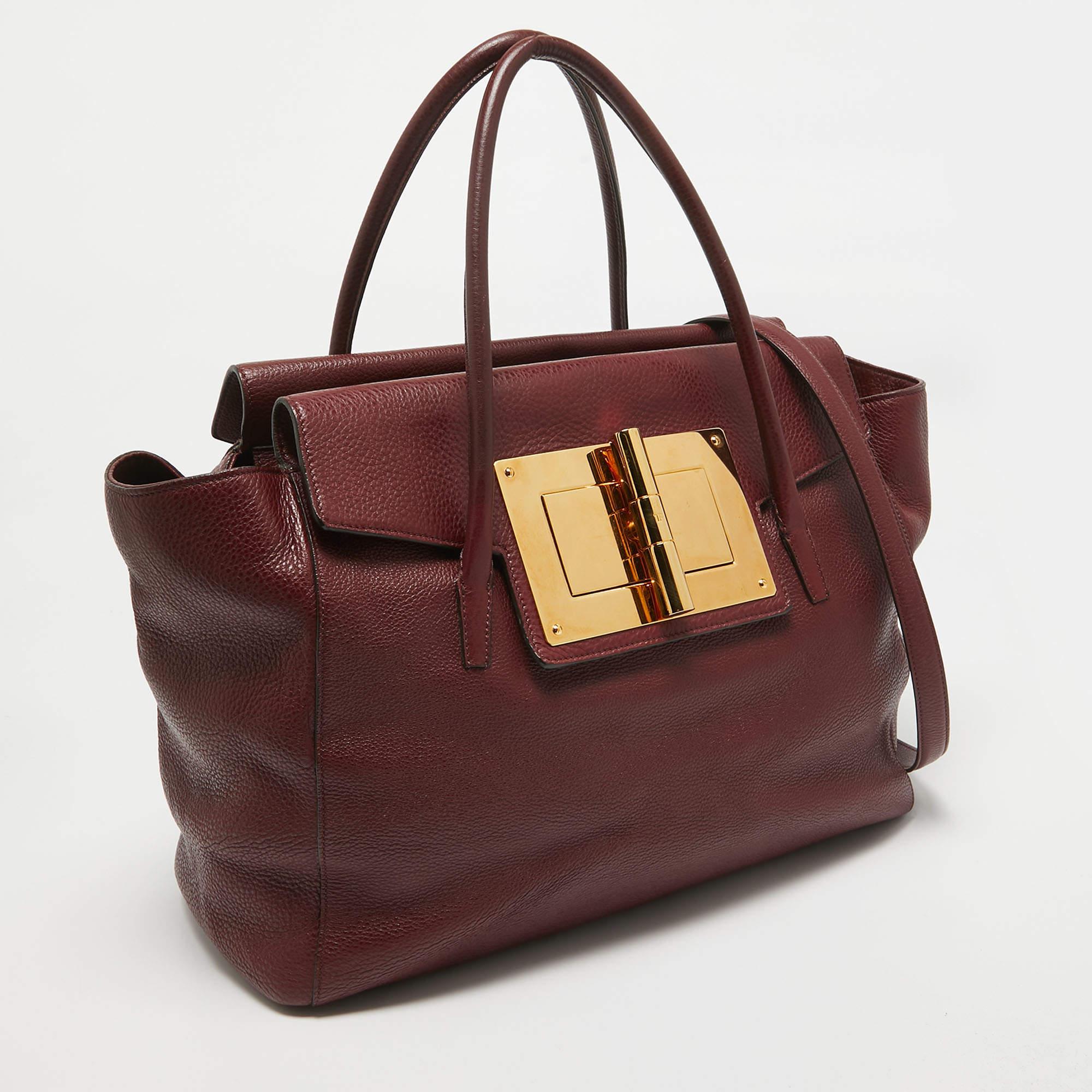 Brown Tom Ford Dark Red Leather Turn-Lock Natalia Tote For Sale