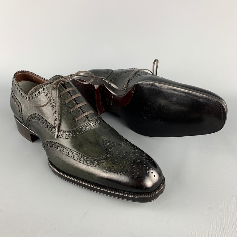 TOM FORD Edgar Size 10.5 Charcoal Antique Leather Wingtip Oxford Lace ...