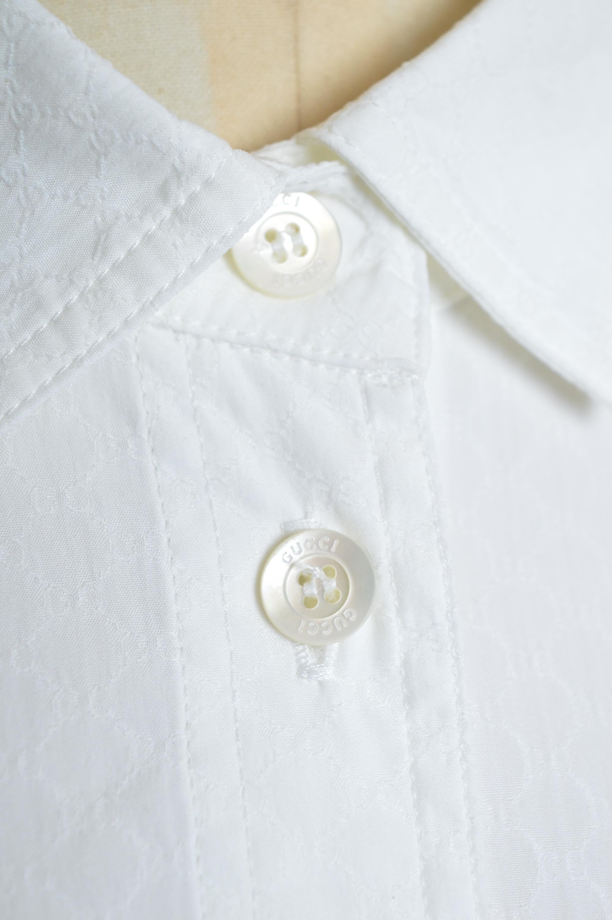 Tom Ford era Gucci Plain white GG Jacquard long sleeve Cotton Button down shirt For Sale 9