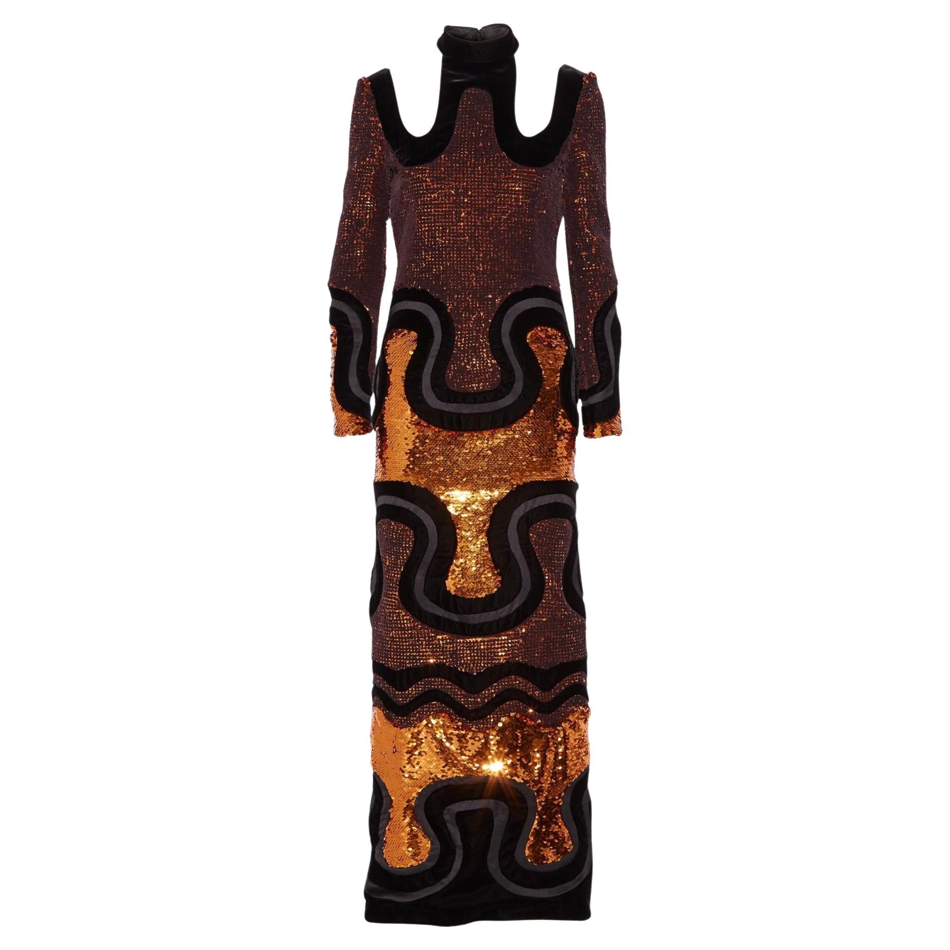 TOM FORD F/W 2015 Laufsteg-Kupfer Pailletten & Samt Panel Kleid mit Ausschnitten - IT 38 im Angebot