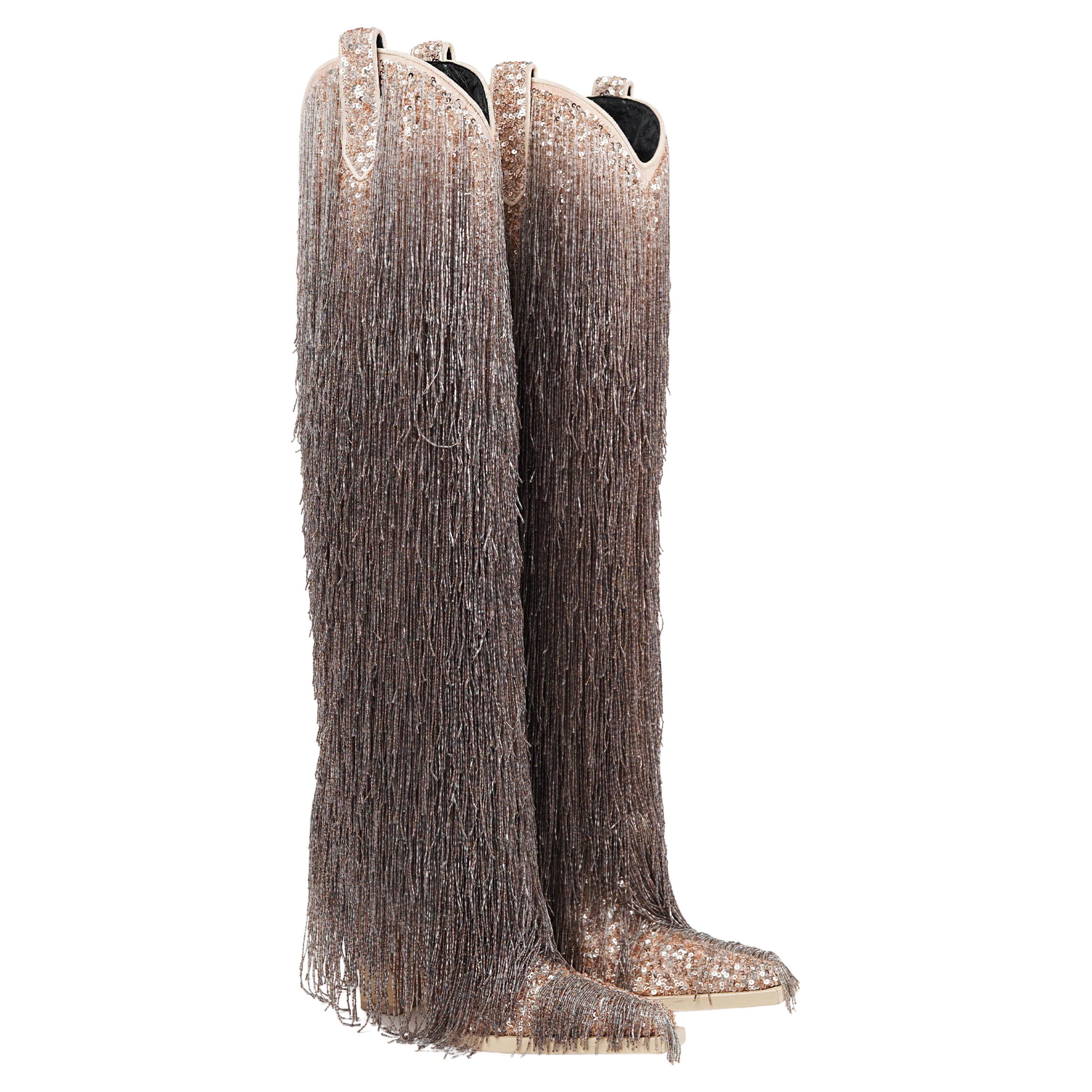 Tom Ford F/W 2020 Beaded Fringe Sequin Western Boots - Taille 39 en vente