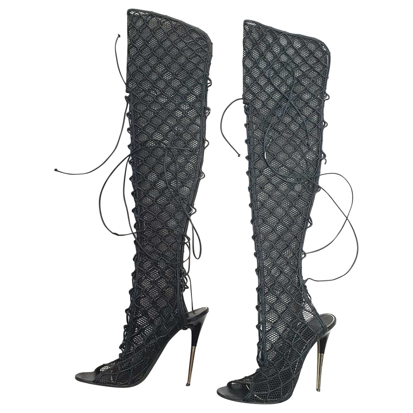 Tom Ford Fishnet Over The Knee Lace Up Boots 