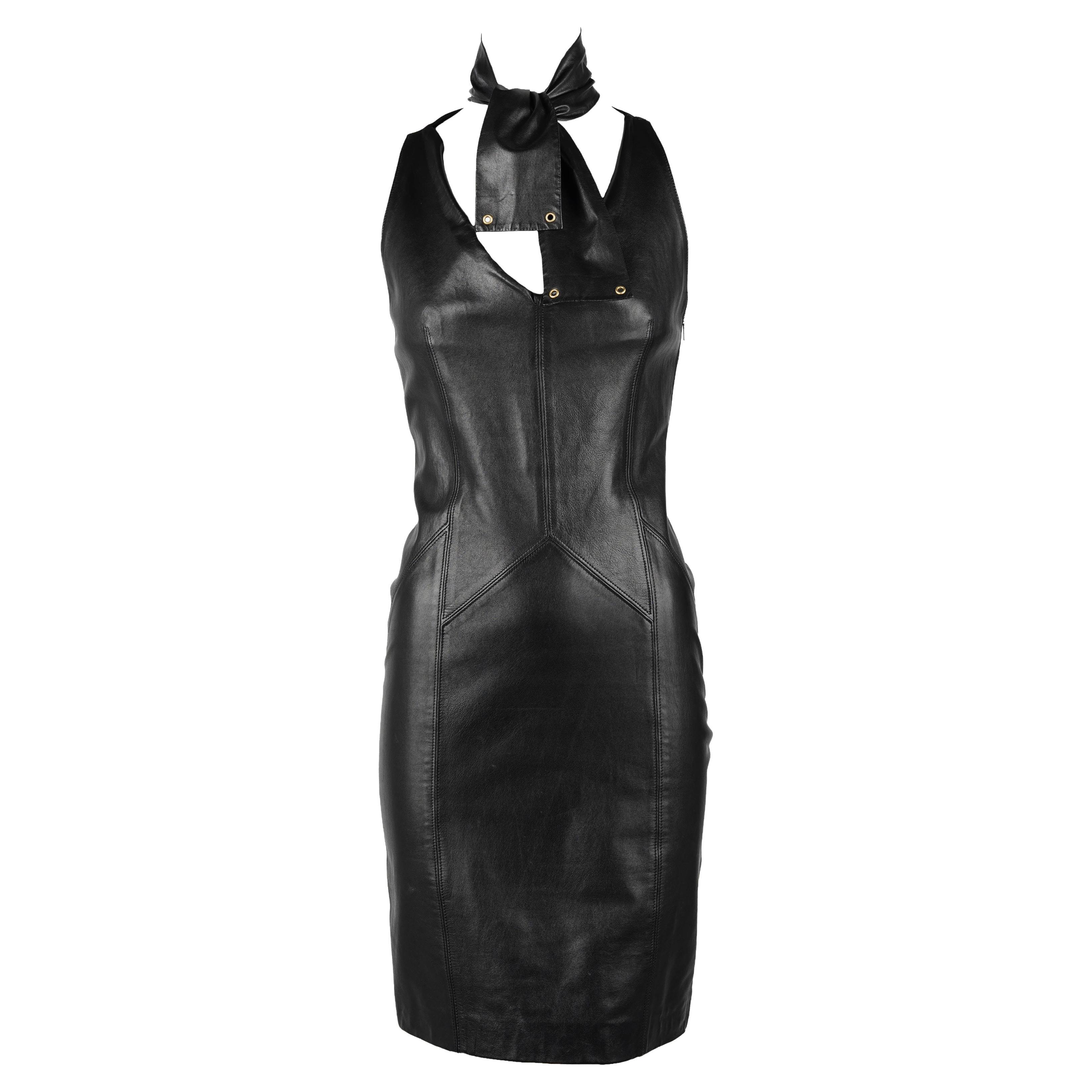Tom Ford for Gucci 1990s Black Leather Dress with Scarf Neck IT 40 in vendita