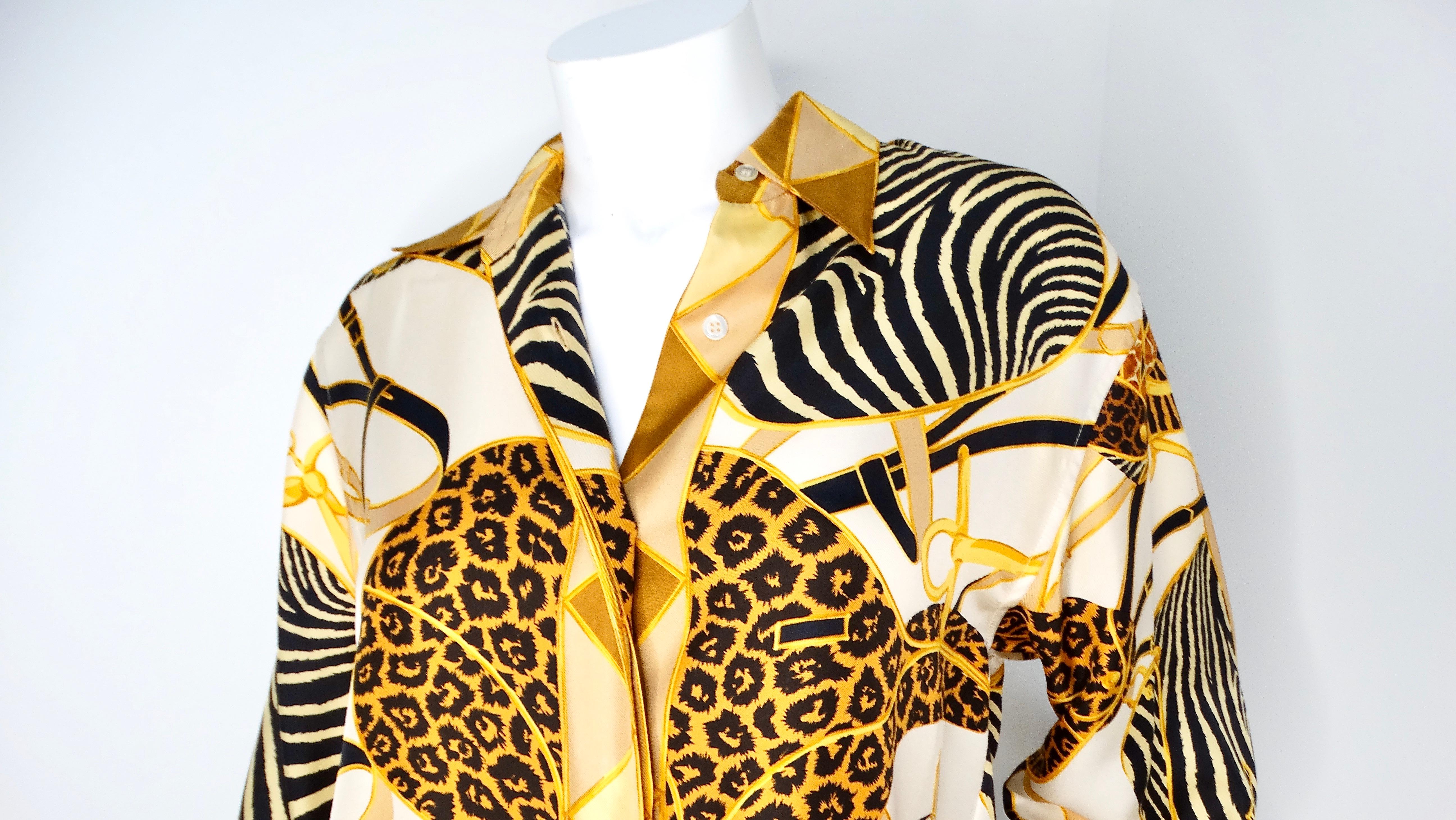 Beige Tom Ford for Gucci 1993 Runway Animal Print Silk Collared Button Down Blouse For Sale