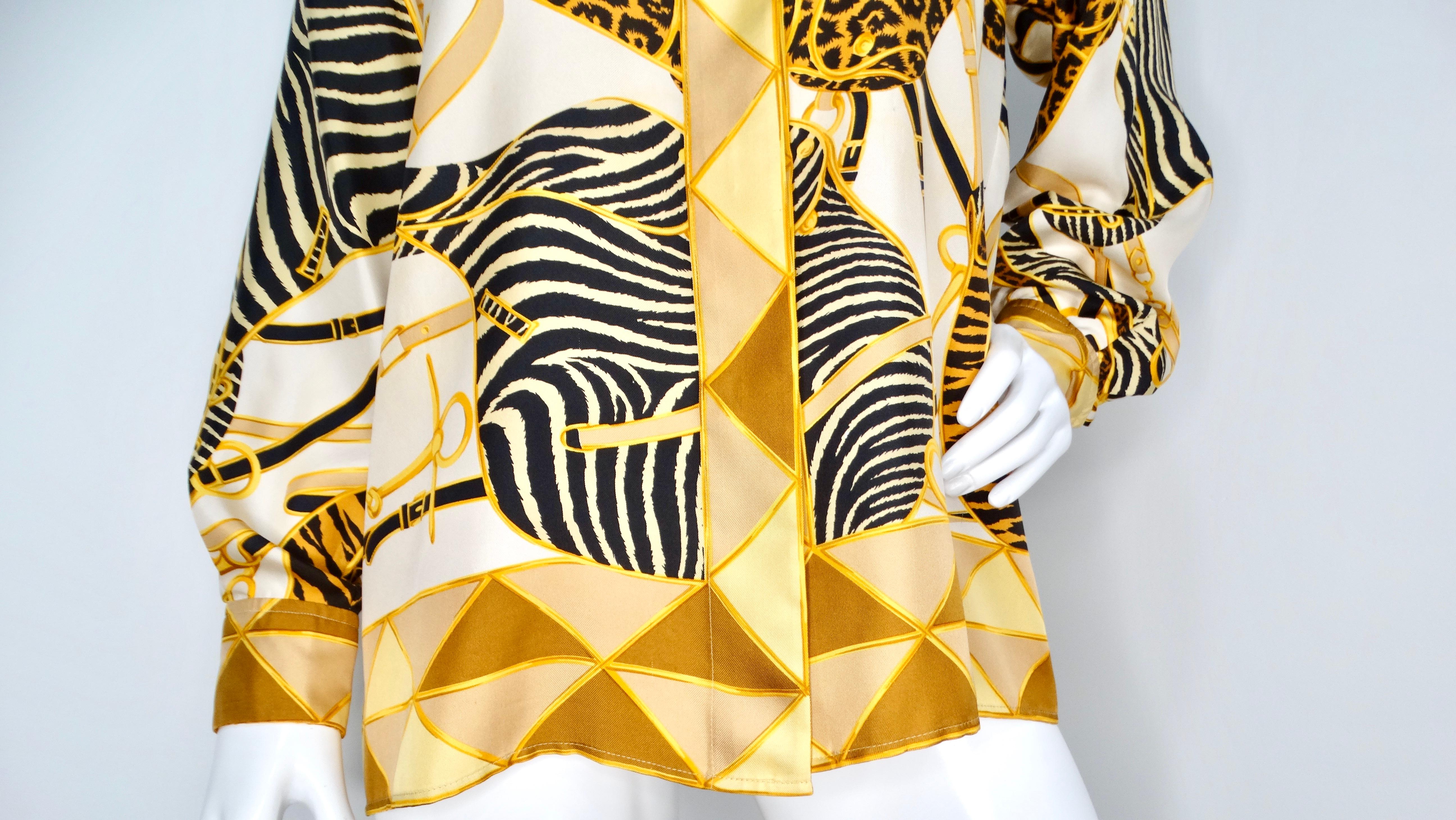 Women's Tom Ford for Gucci 1993 Runway Animal Print Silk Collared Button Down Blouse For Sale