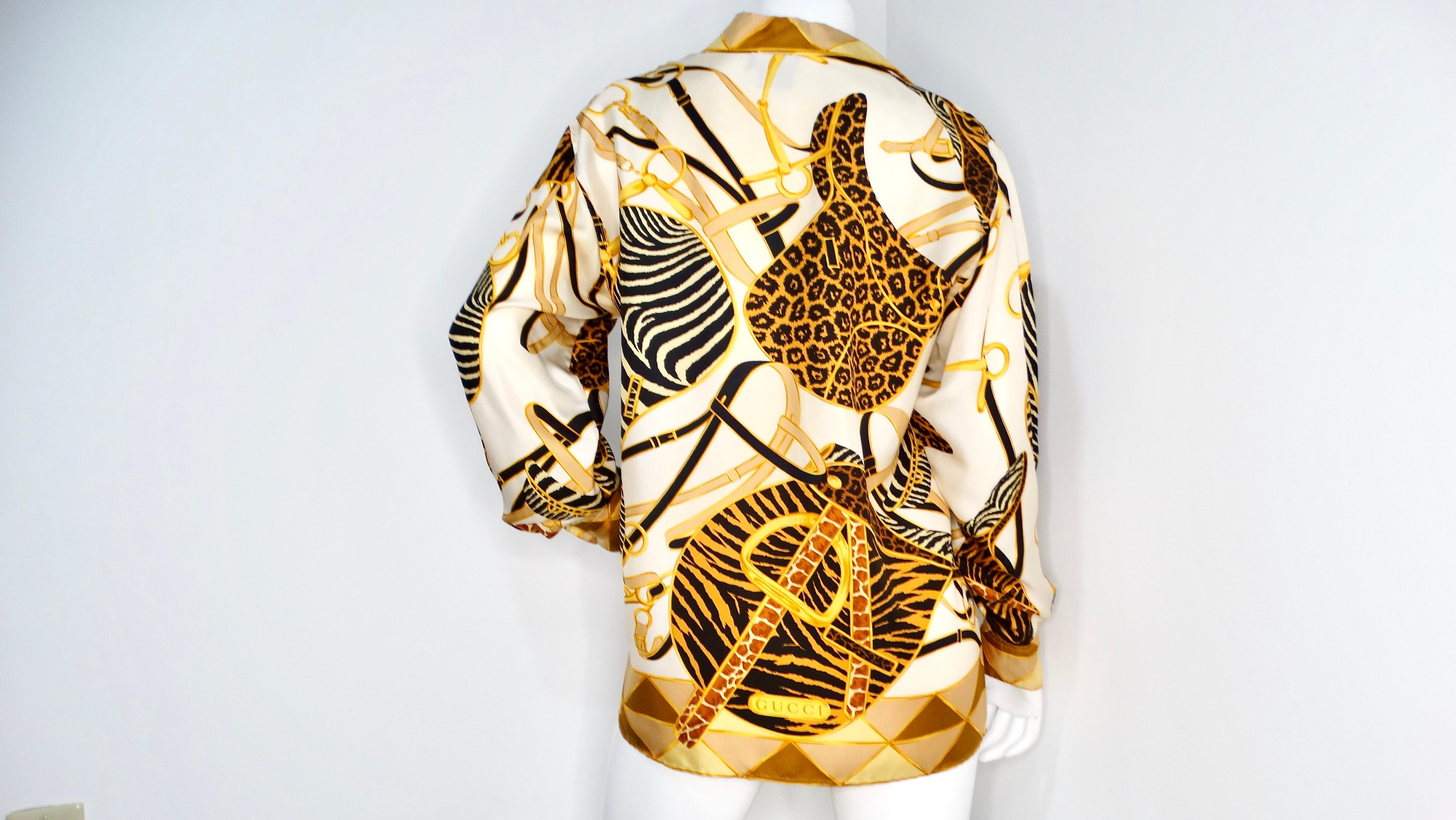 Tom Ford for Gucci 1993 Runway Animal Print Silk Collared Button Down Blouse For Sale 3
